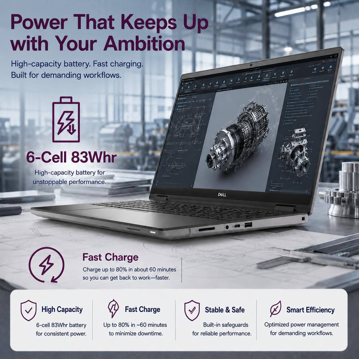Power That Keeps Up with Your Ambition

High-capacity battery. Fast charging. Built for demanding workflows.

6-Cell 83Whr High-capacity battery for unstoppable performance.

Fast Charge
Charge up to 80% in about 60 minutes so you can get back to work faster.

High Capacity
6-cell 83Whr battery for consistent power.

Fast Charge
Up to 80% in ~60 minutes to minimize downtime.

Stable & Safe
Built-in safeguards for reliable performance.

Smart Efficiency
Optimized power management for demanding workflows.