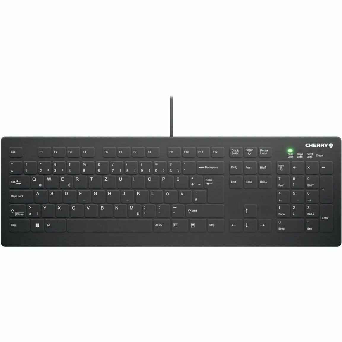 Sure, here is the corrected and grouped text from the image:

**Top Row:**
- Esc F1 F2 F3 F4 F5 F6 F7 F8 F9 F10 F11 F12

**Second Row:**
- 1 2 3 4 5 6 7 8 9 0 - = Backspace

**Third Row:**
- Tab Q W E R T Z U I O P [ ] \

**Fourth Row:**
- Caps Lock A S D F G H J K L Ö Enter

**Fifth Row:**
- Shift A S D F G H J K L Ö

**Sixth Row:**
- Num Lock / * - + Num Lock Scroll Lock Clean

**Right Side:**
- Num Lock / * - + Num Lock Scroll Lock Clean
- 7 8 9 + 4 5 6 - 1 2 3 0 . Enter
- Shift
- Fn
- Ctrl
- Alt Gr

**Additional Labels:**
- Cherry
- Num Lock
- Caps Lock
- Scroll Lock
- Clean

**Other Labels:**
- Backspace
- Enter
- End
- Pg Dn