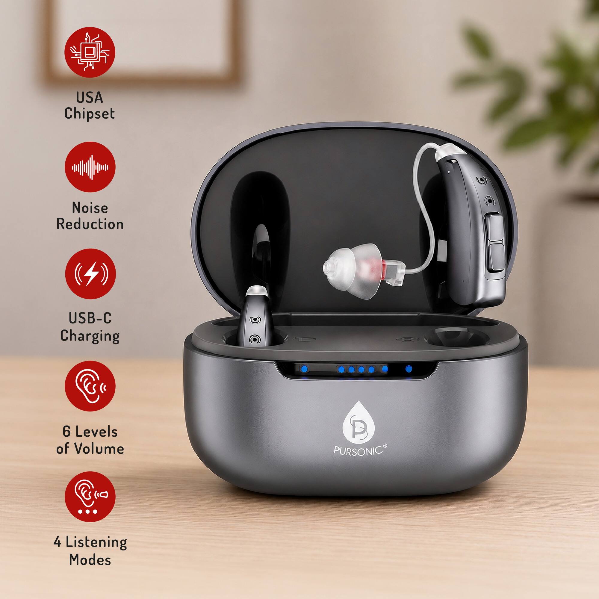 USA Chipset  
Noise Reduction  
USB-C Charging  
6 Levels of Volume  
4 Listening Modes