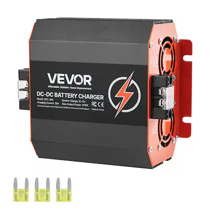 VEVOR Affordable. Reliable. Home Improvement.
DC-DC BATTERY CHARGER
Model: SDC-30A
System Voltage: 12-12V
Charging Current: 30A
Max Output Power: 375W
Technical Support and E-Warranty Certificate: www.vevor.com/support
Made in China