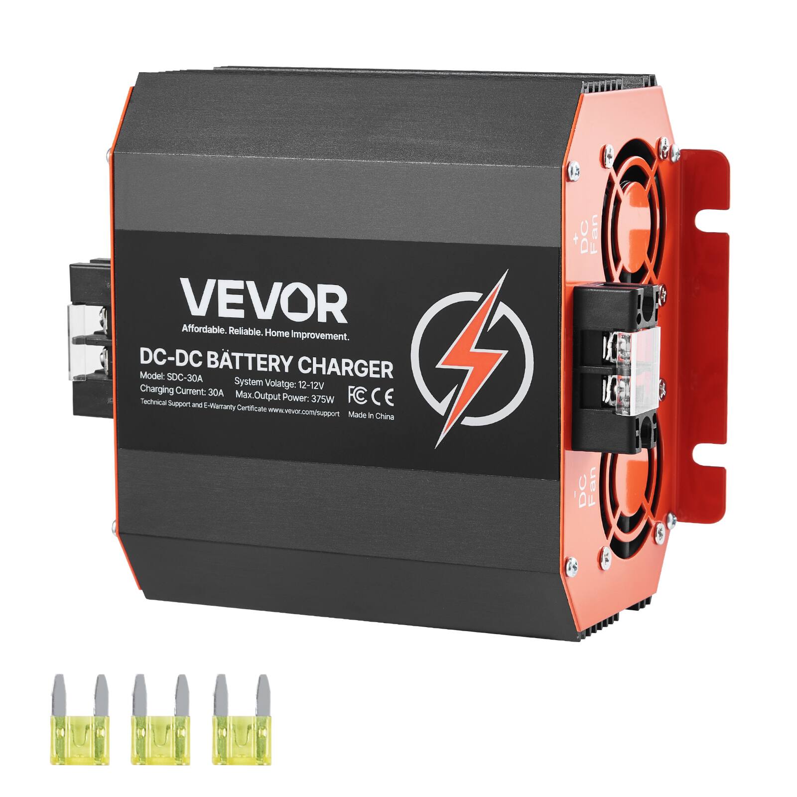 VEVOR Affordable. Reliable. Home Improvement.  
DC-DC BATTERY CHARGER  
Model: SDC-30A  
System Voltage: 12-12V  
Charging Current: 30A  
Max Output Power: 375W  
Technical Support and E-Warranty Certificate: www.vevor.com/support  
Made in China