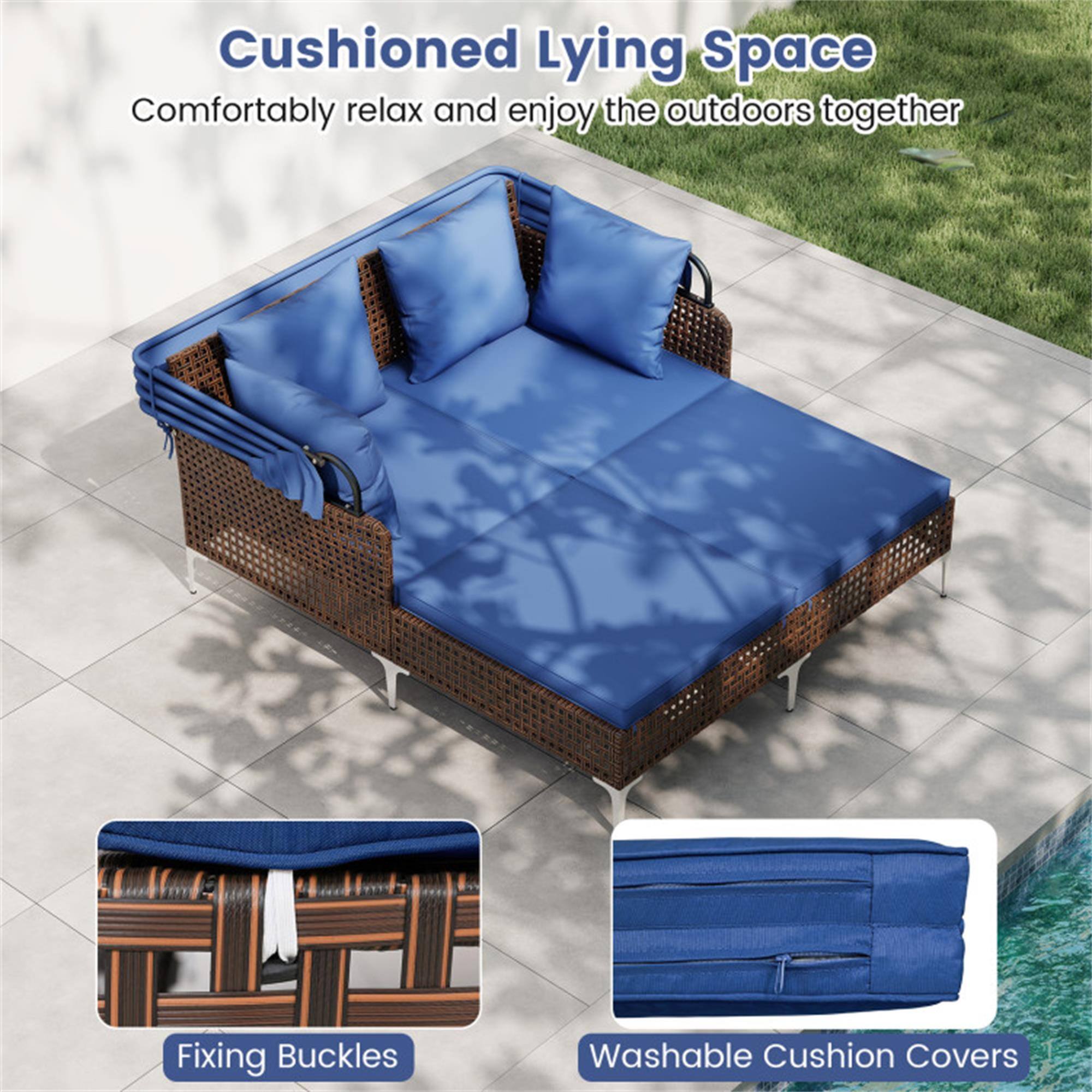 Cushioned Lying Space  
Comfortably relax and enjoy the outdoors together  

Fixing Buckles  
Washable Cushion Covers