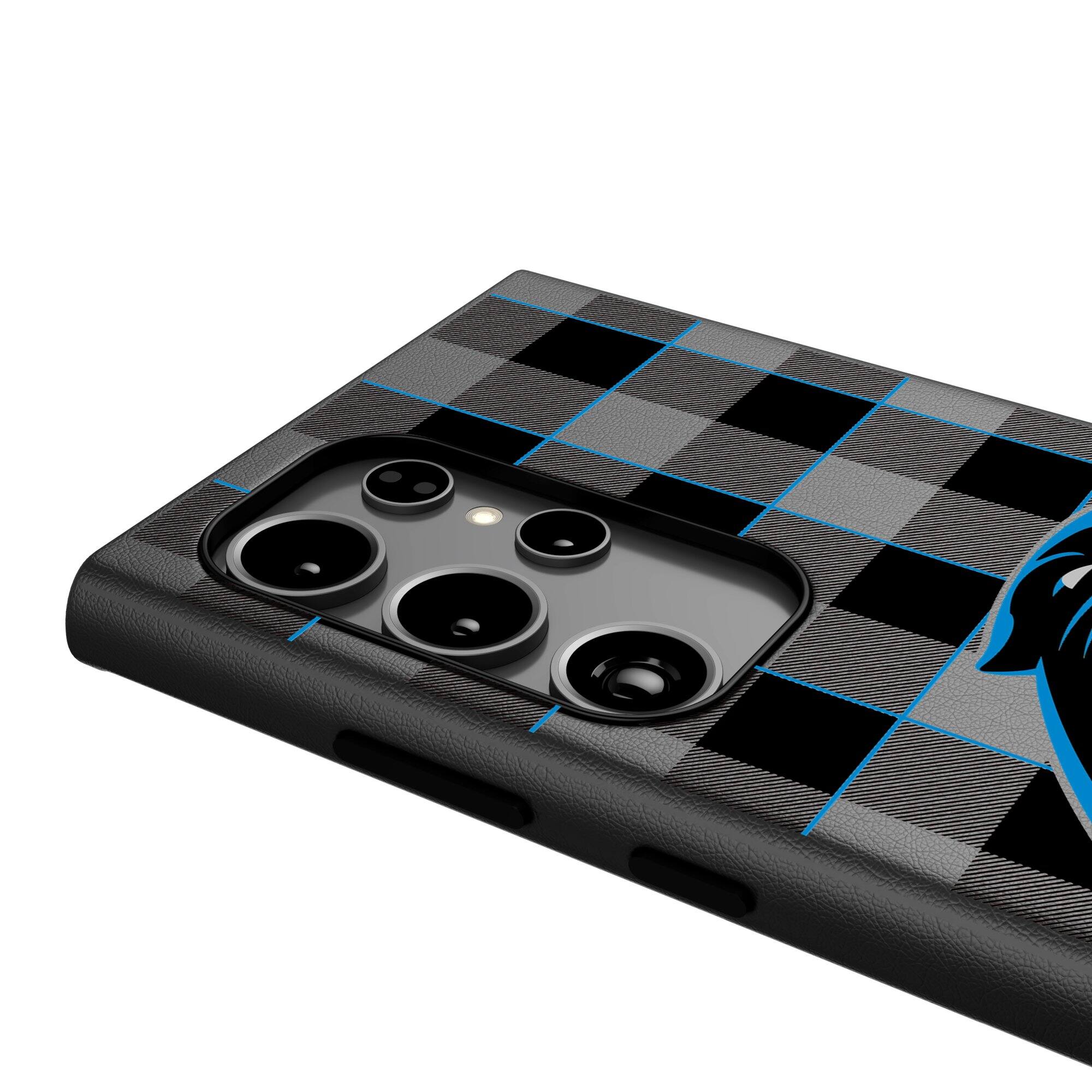 Alt View 3. Keyscaper - Carolina Panthers Plaid Galaxy Magnetic Bump Case - S24 Ultra - Black.