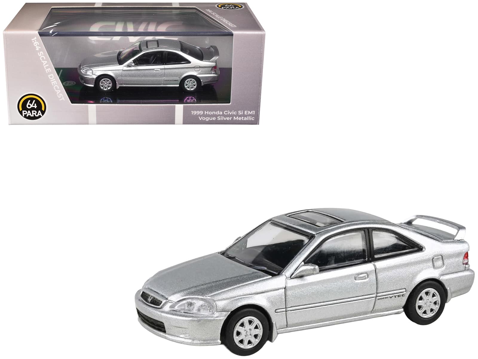 1999 Honda Civic Si EM1 Vogue with Sunroof 1/64 Diecast Model Car by Paragon Models - Silver Metallic
