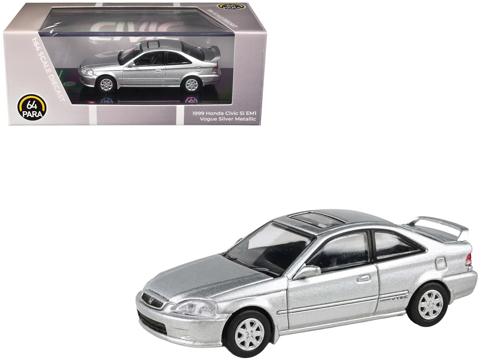 1999 Honda Civic Si EM1 Vogue with Sunroof 1/64 Diecast Model Car by Paragon Models - Silver Metallic