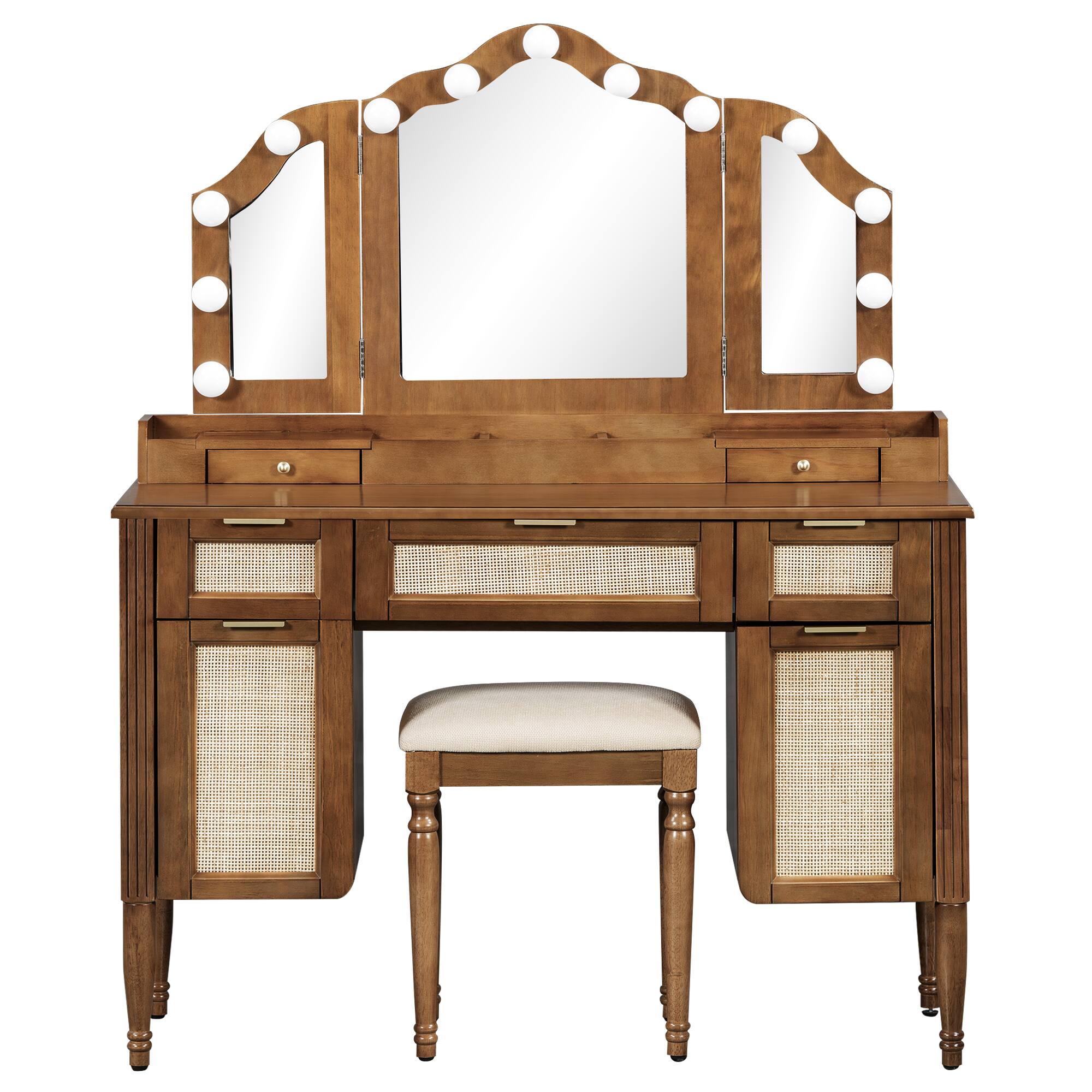 Angle. Whisen - Dresser Makeup Vanity Table with Tri-Fold Mirror,13 Hollywood LED Lights,5 Drawers and Charging Station - Espresso.