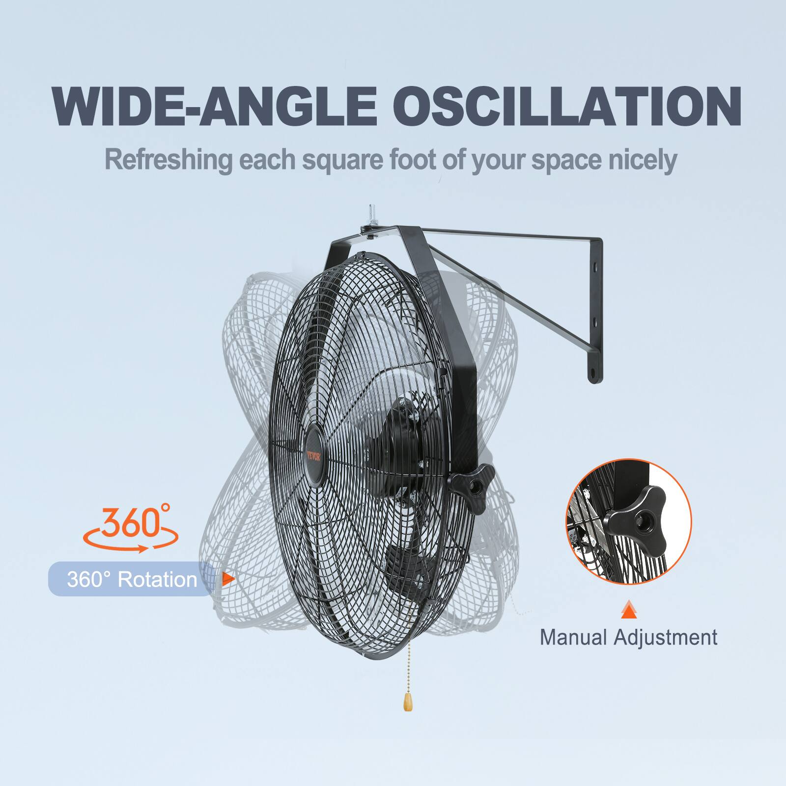 WIDE-ANGLE OSCILLATION, Refreshing each square foot of your space nicely, 360° Rotation, Manual Adjustment