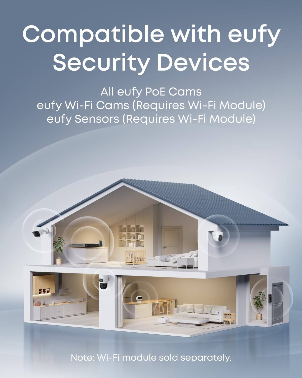 Compatible with eufy Security Devices

All eufy POE Cams  
eufy Wi-Fi Cams (Requires Wi-Fi Module)  
eufy Sensors (Requires Wi-Fi Module)

Note: Wi-Fi module sold separately.