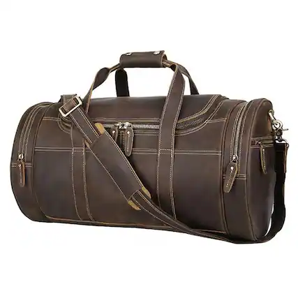 Front. Steel Horse Leather - The Wainwright Weekender | Round Vintage Leather Weekender - Dark Brown.