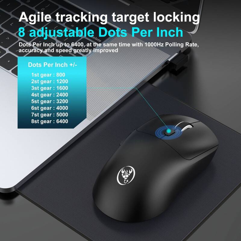 Agile tracking target locking  
8 adjustable Dots Per Inch  

Dots Per Inch up to 6400, at the same time with 1000Hz Polling Rate, accuracy and speed greatly improved  

Dots Per Inch +/-  
1st gear: 800  
2nd gear: 1200  
3rd gear: 1600  
4th gear: 2400  
5th gear: 3200  
6th gear: 4000  
7th gear: 5000  
8th gear: 6400