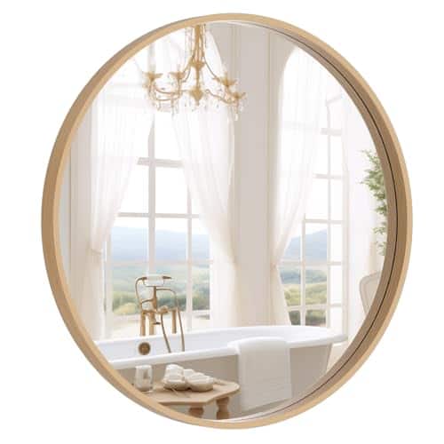 Comfort Essence - Round Mirror with Wood Frame Circle Wall for Bathroom Decor Vanity Entryway Living Room Walnut Modern - Natural-31"L x 31"W
