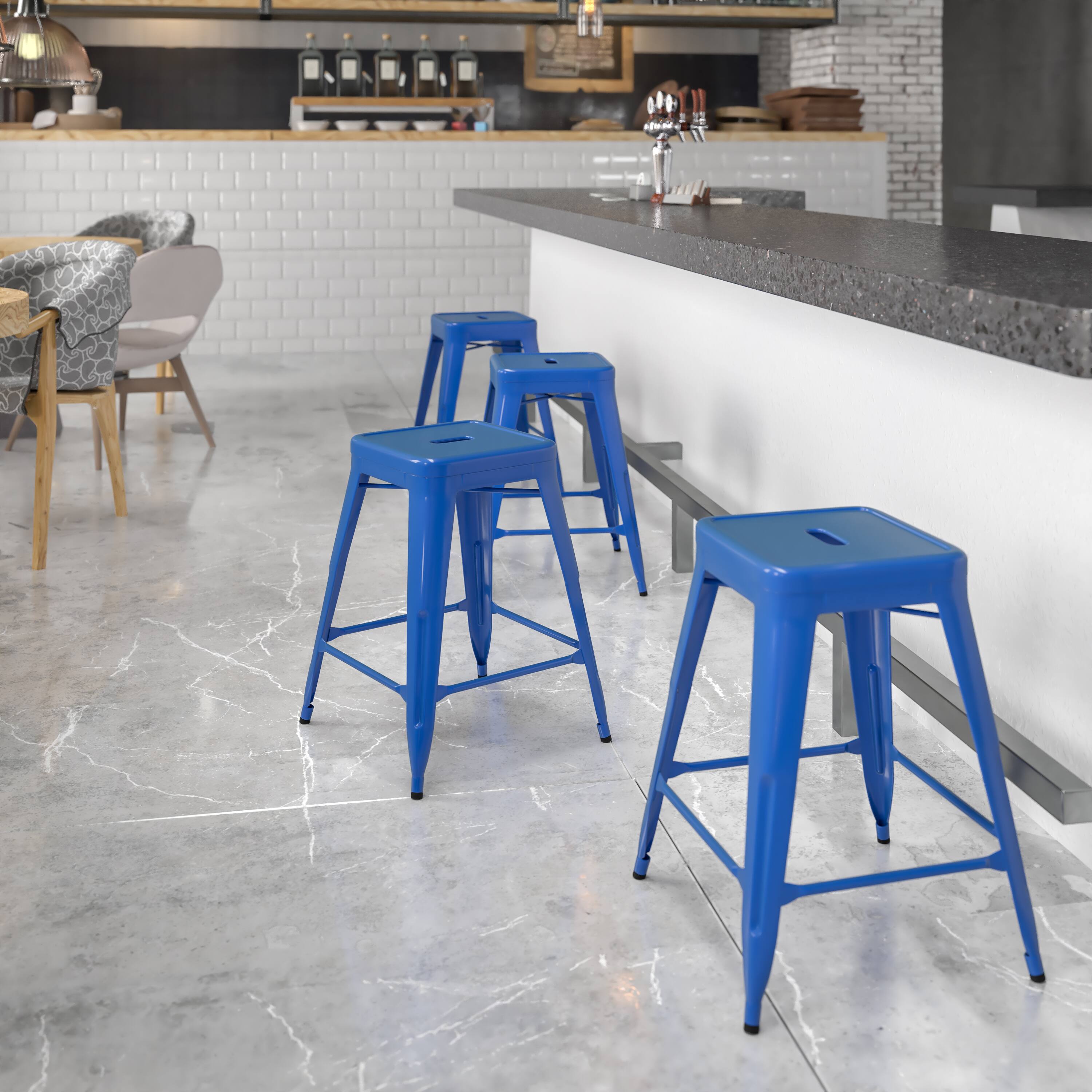 Alt View 1. Emma + Oliver - Commercial Grade 24"H Backless Metal Indoor-Outdoor Counter Stool w/ Square Seat - Blue.