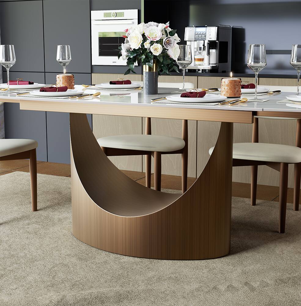 Alt View 10. POVISON - 55"-79"Extendable Modern White Dining Table for 6-10,Rectangular Glossy Sintered Stone Tabletop,Bronze Carbon Steel Leg - Glossy White Sintered Stone with Bronze.