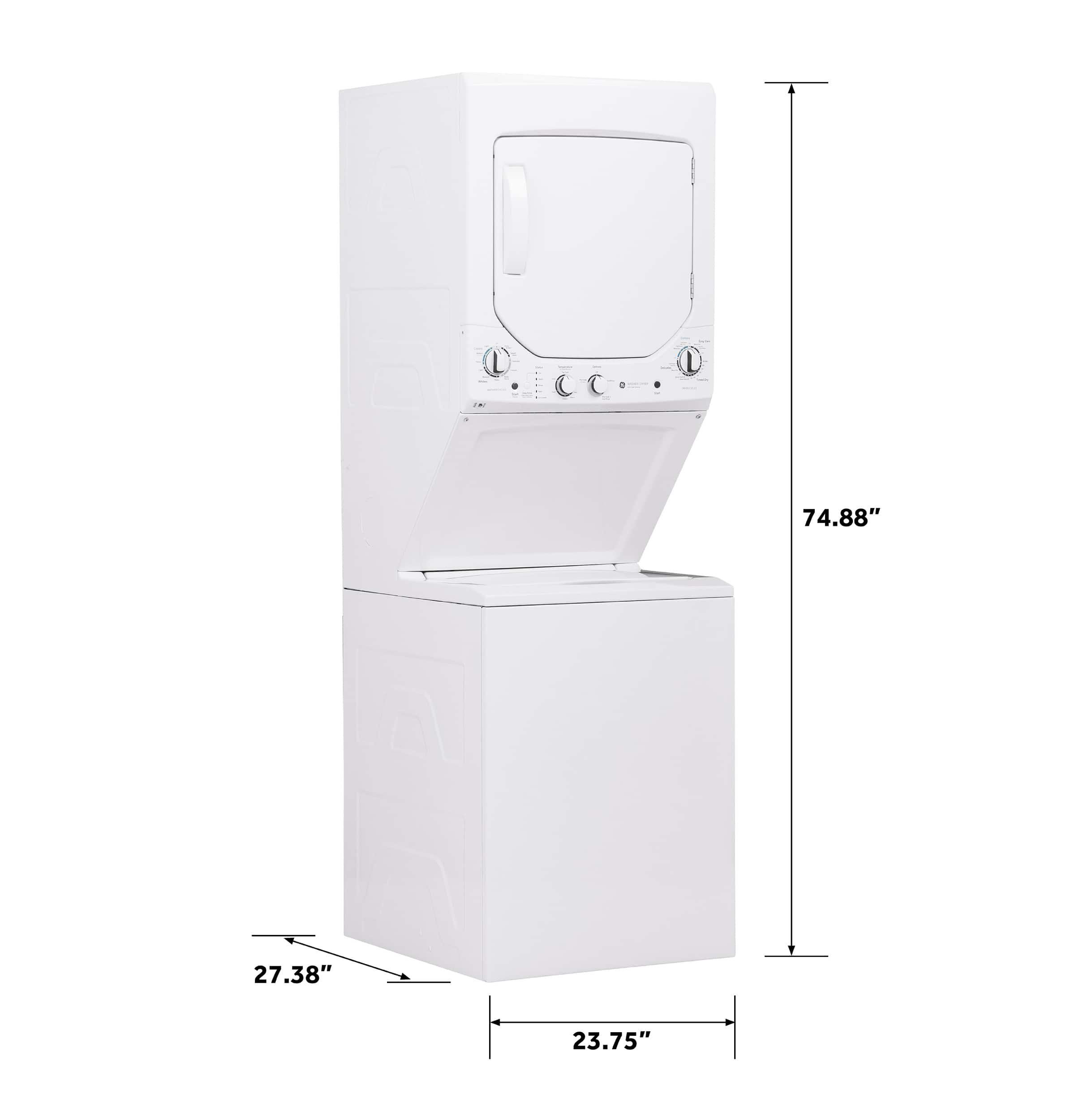 The image shows a white appliance, which is a combination of a washer and dryer. The appliance is 74.88 inches tall, 27.38 inches wide, and 23.75 inches deep.