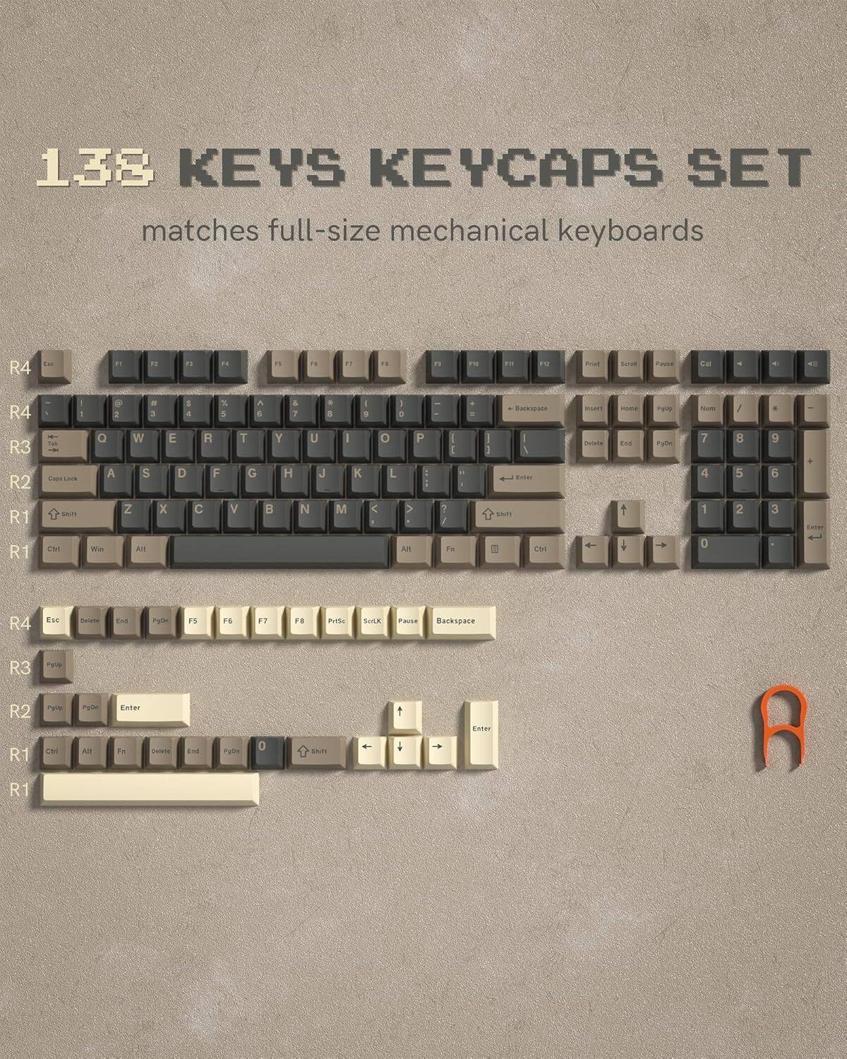 138 KEYS KEYCAPS SET matches full-size mechanical keyboards

R4: Esc, F1, F2, F3, F4, F5, F6, F7, F8, F9, F10, F11, F12, Print, Scroll, Pause, Insert, Home, PgUp, Delete, End, PgDn, Num, /, *, -, +

R3: 1, 2, 3, 4, 5, 6, 7, 8, 9, 0, -, =, Backspace, Insert, Delete, End, PgDn, Enter

R2: Q, W, E, R, T, Y, U, I, O, P, [, ], \, Caps Lock, A, S, D, F, G, H, J, K, L, ;, ', Enter, Shift, Z, X, C, V, B, N, M, ,, ., /, Shift

R1: Ctrl, Win, Alt, Fn, Delete, End, PgDn, 0, Shift, Ctrl, Alt, Fn, Delete, End, PgDn, Enter

R