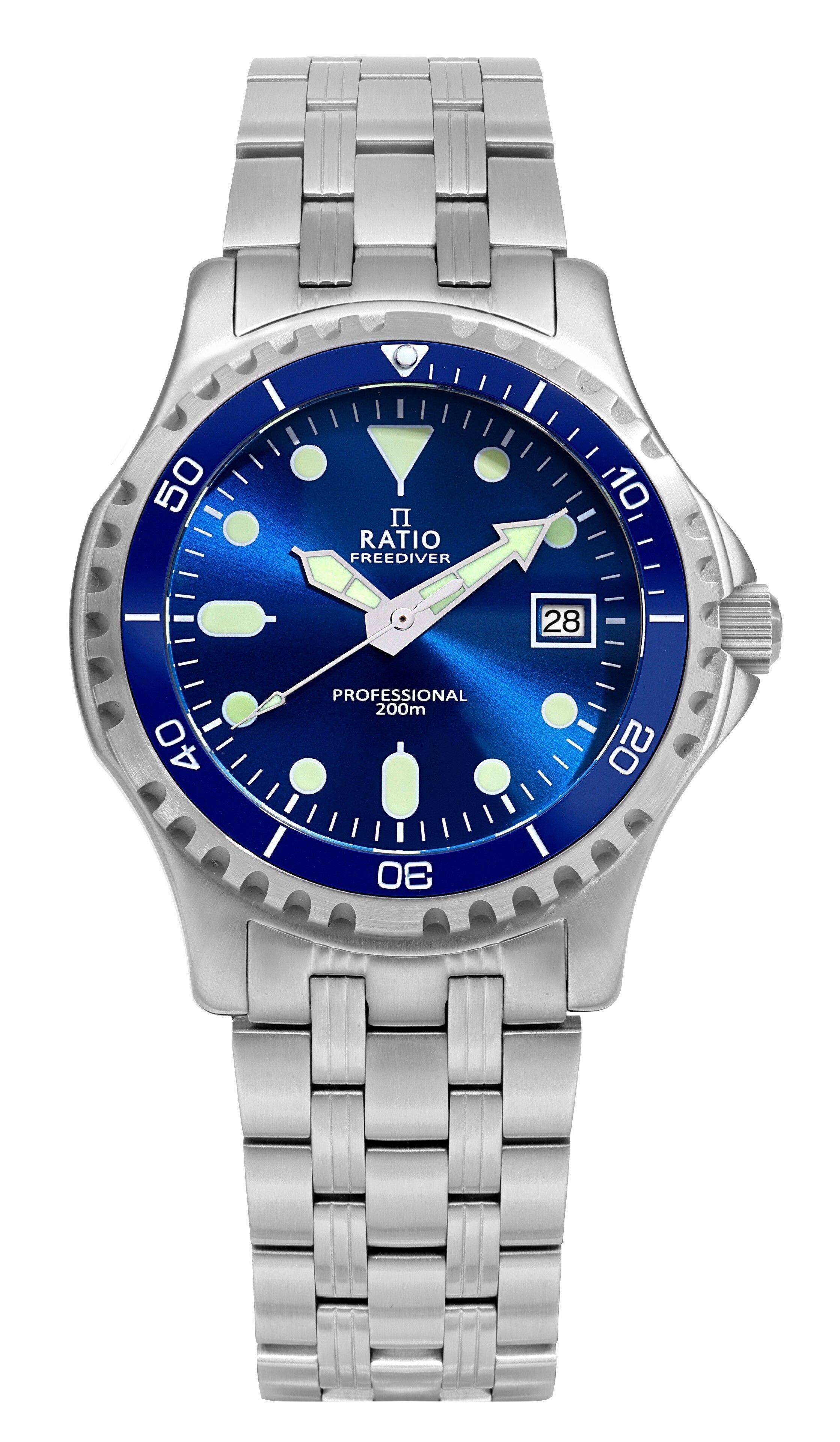 RATIO - FreeDiver Professional Sapphire Blue Sunray Dial Quartz RTF007 200M Mens Watch - Silver and blue