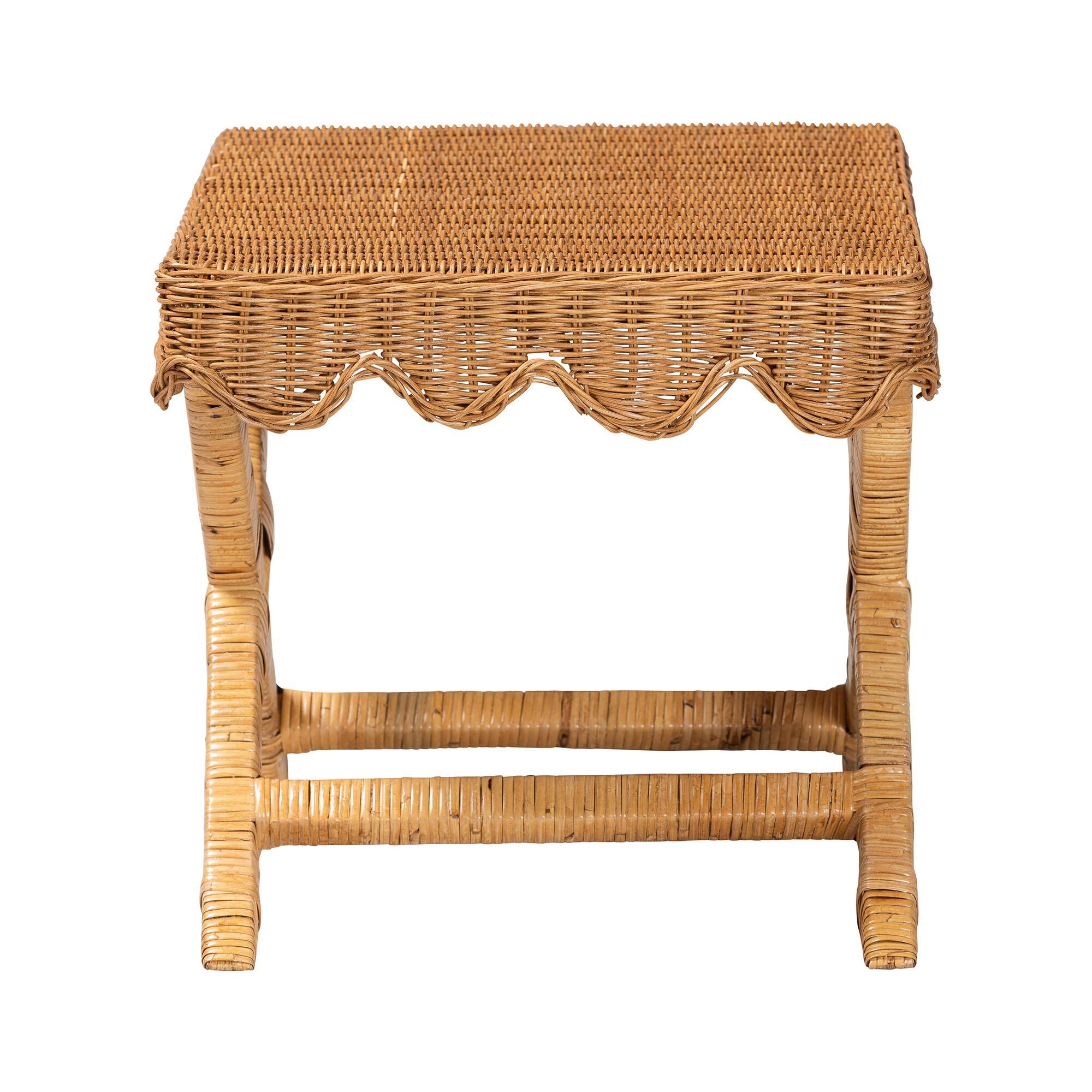 Left. bali & pari - Modesta Natural Rattan Accent Bench - Handwoven Wicker Seating with Scalloped Apron and X-Frame Base - Light Honey.