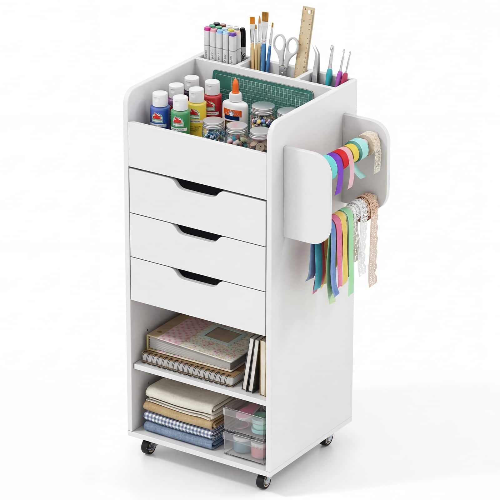 Costway - Rolling Craft Storage Cart Wooden Utility Cart w/3 Drawers 3 Shelf&Slot 2 Dowels - White