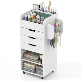 Costway - Rolling Craft Storage Cart Wooden Utility Cart w/3 Drawers 3 Shelf&Slot 2 Dowels - White