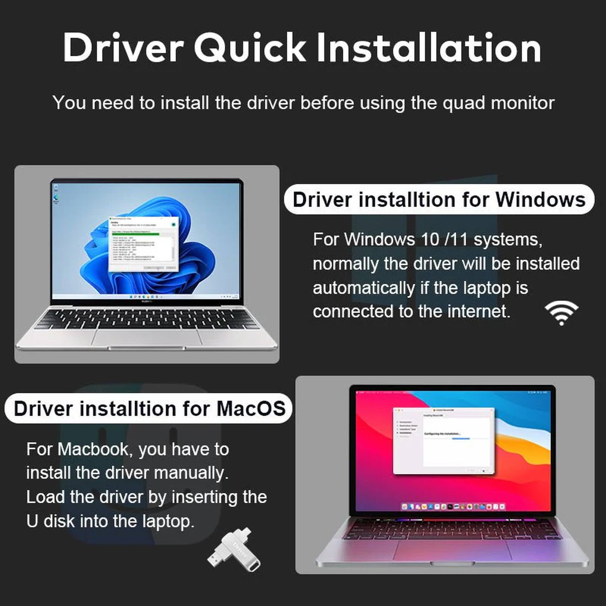 Driver Quick Installation

You need to install the driver before using the quad monitor

Driver installation for Windows
For Windows 10 / 11 systems, normally the driver will be installed automatically if the laptop is connected to the internet.

Driver installation for MacOS
For Macbook, you have to install the driver manually. Load the driver by inserting the U disk into the laptop.