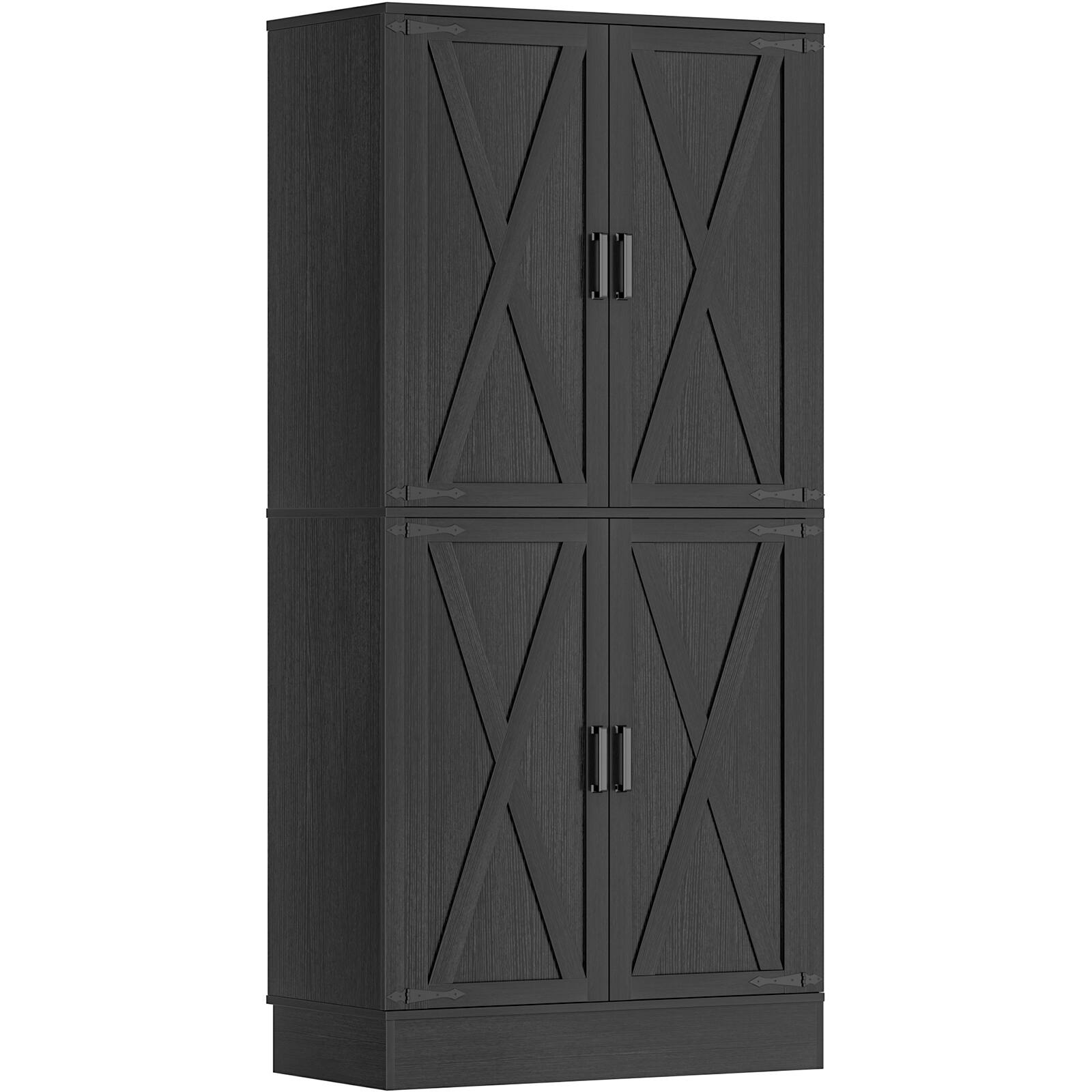 Angle. Aheaplus - 70'' Tall Kitchen Pantry Cabinet with Drawer and Adjustable Shelves, 4 Barn Door Pantry for Dining, Kitchen - Black.