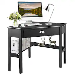 Costway - Triangle Corner Office Desk with Drawer Shelves - Rustic Black