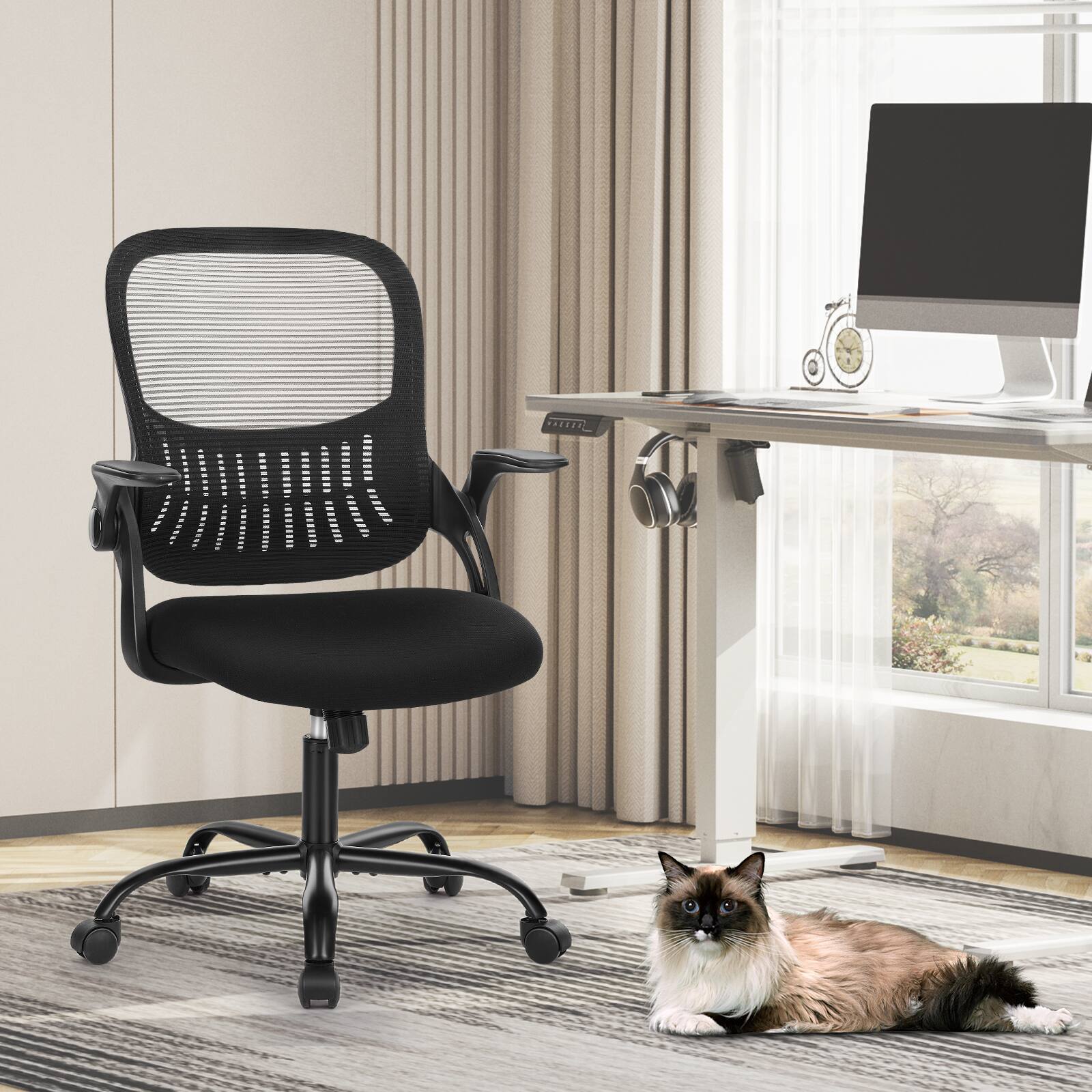Angle. AENKYO - Home Office Chair Computer Chair with Lumbar Support and Rocking Mode, Height Adjustable with Flip Armrest - Black.