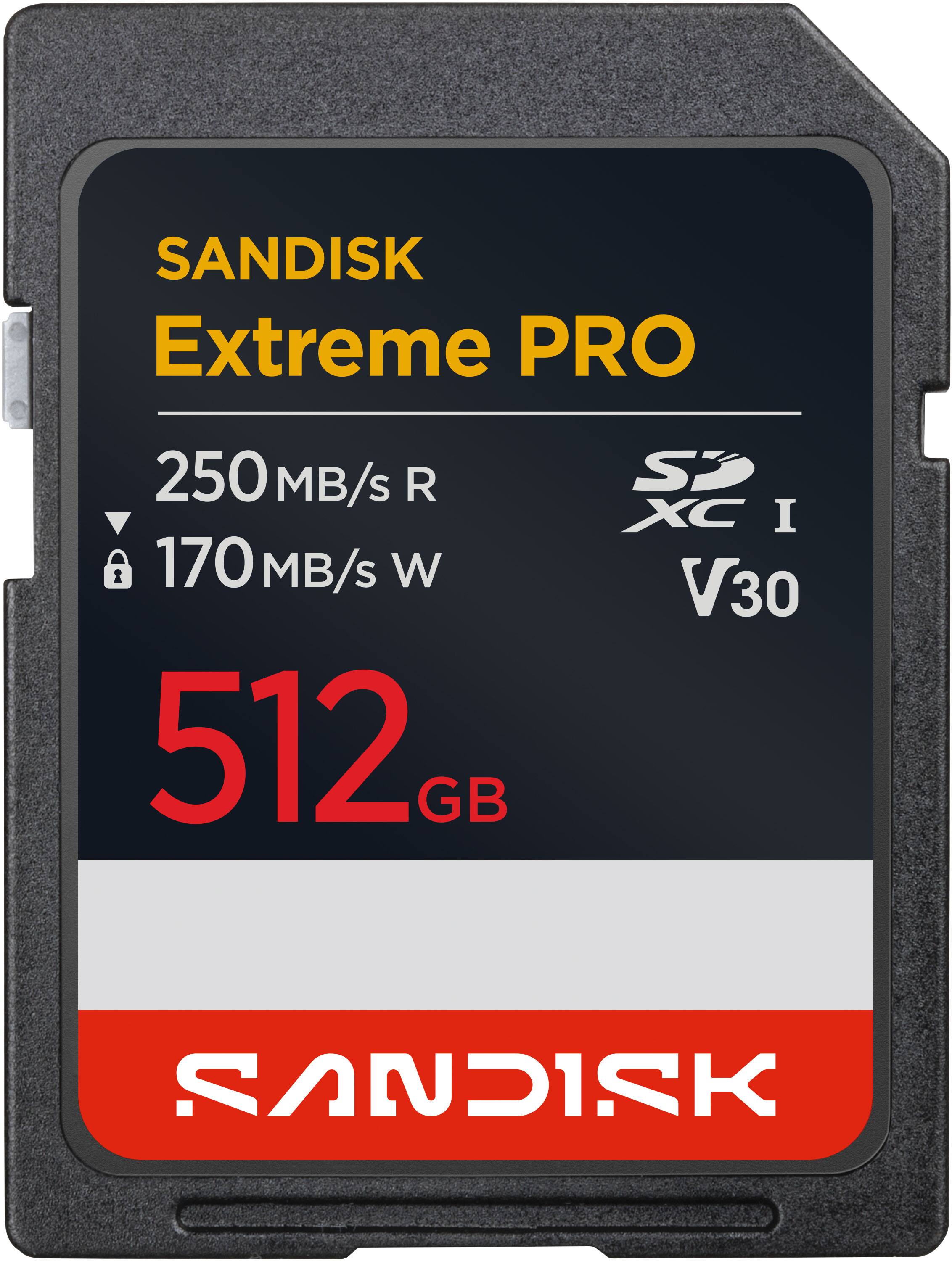 SANDISK Extreme PRO  
250 MB/s R  
170 MB/s W  
512 GB  
SDXC I  
V30