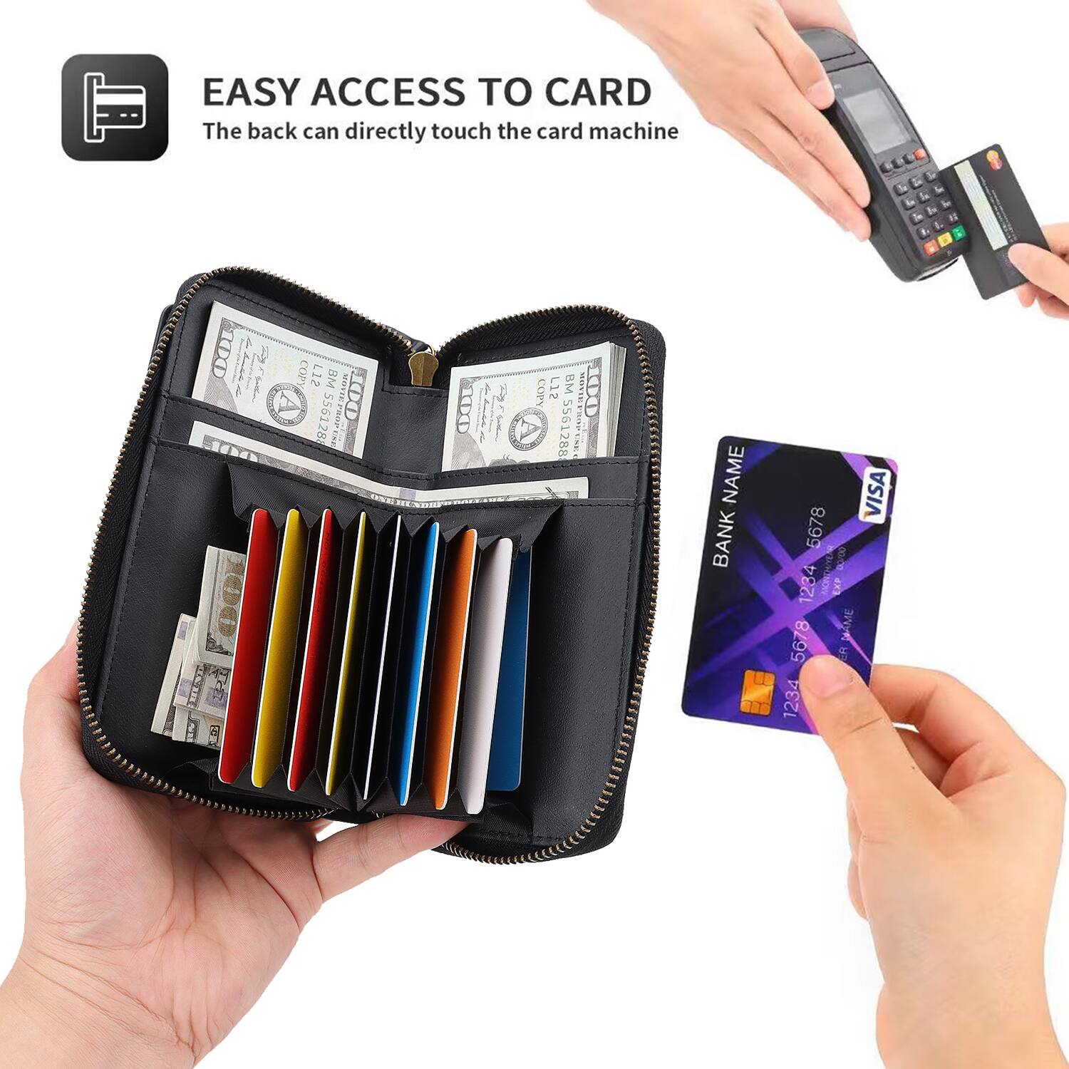 EASY ACCESS TO CARD  
The back can directly touch the card machine

100 www.foom

COPY LIS BM MOVIE 5561288 TEPROPINE 100

100  
COPY  
L12 BM MOVID 100 5561288 ROPUSED

NAME BANK  
5678 1234 5678 1234  
EXP NAME ER  
VISA