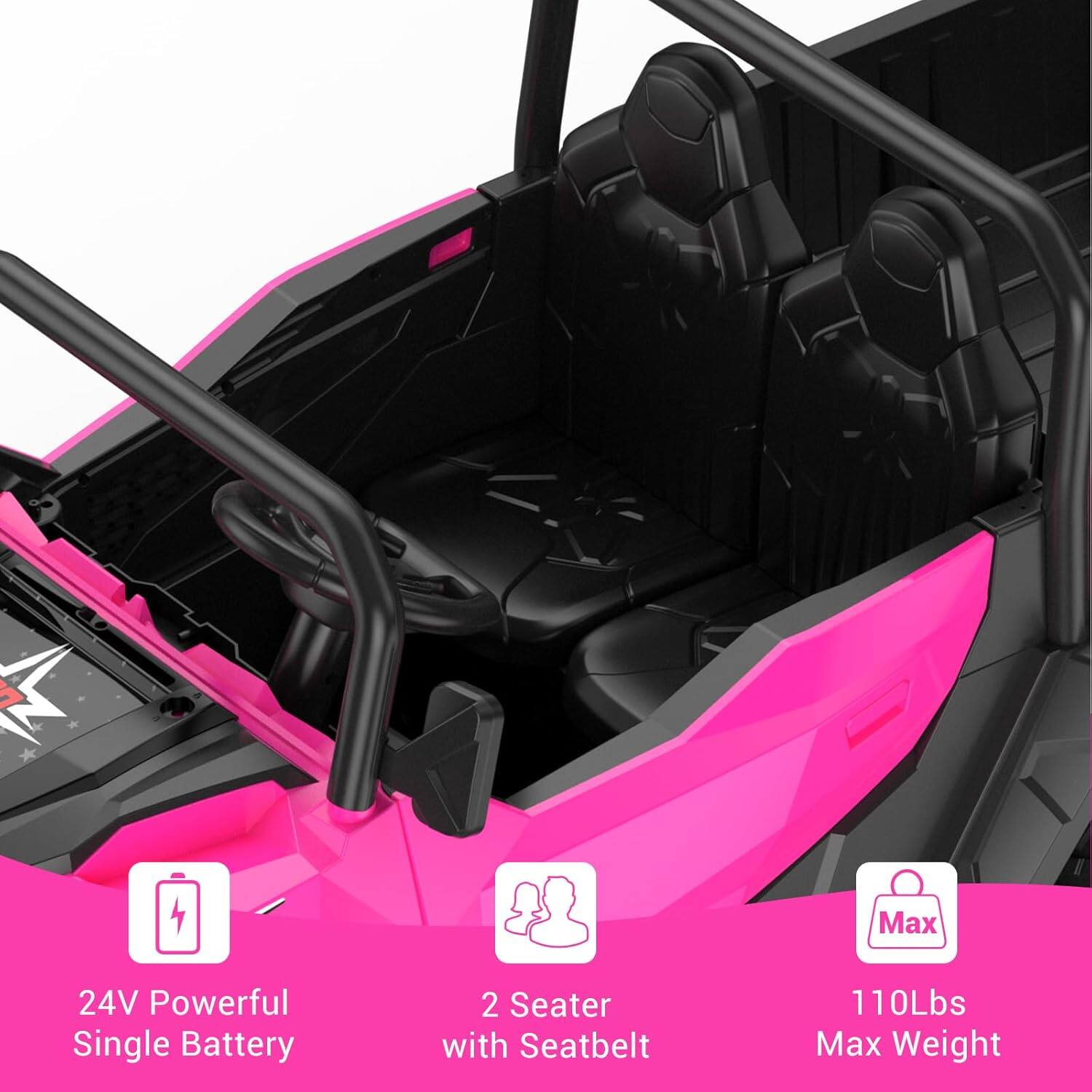 24V Powerful Single Battery  
2 Seater with Seatbelt  
110Lbs Max Weight