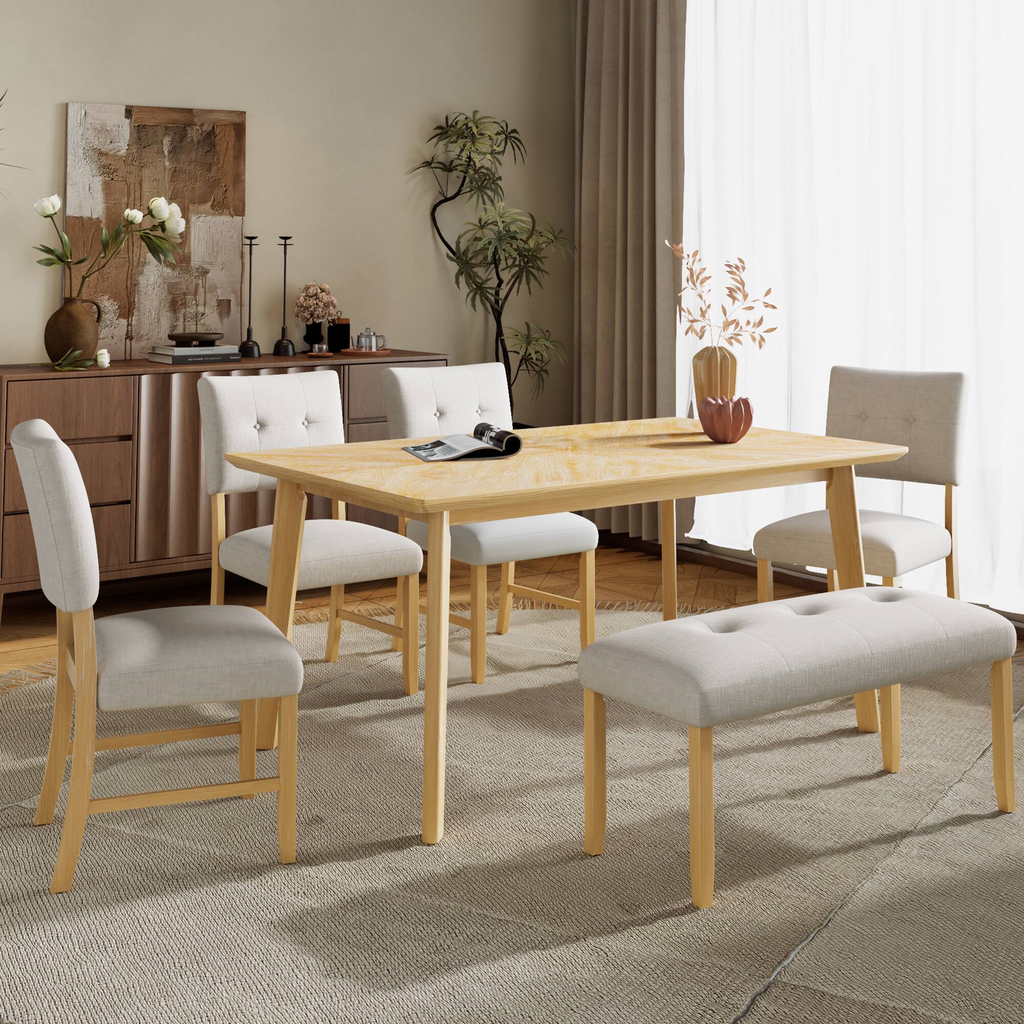 Left. APRILSOUL - 6 Piece Dining Room Table Set Farmhouse Dining Room Rectangular Table with 4 Upholstered Chairs and Bench Solid Wood - Natural Wood Wash.