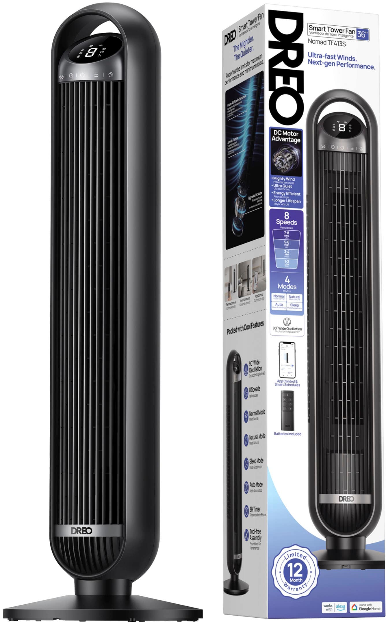 The image features a box containing a DREO smart tower fan, which is a portable and energy-efficient device. The fan has a 795-watt motor and is designed with ultra-fast winds and 8 speeds, making it a quiet and powerful option. The fan also has a 90-degree wide oscillation, providing even airflow throughout the room. The box includes a 12-month warranty and comes with batteries included for added convenience. Additionally, the fan can be controlled through a smartphone app, offering further customization options.