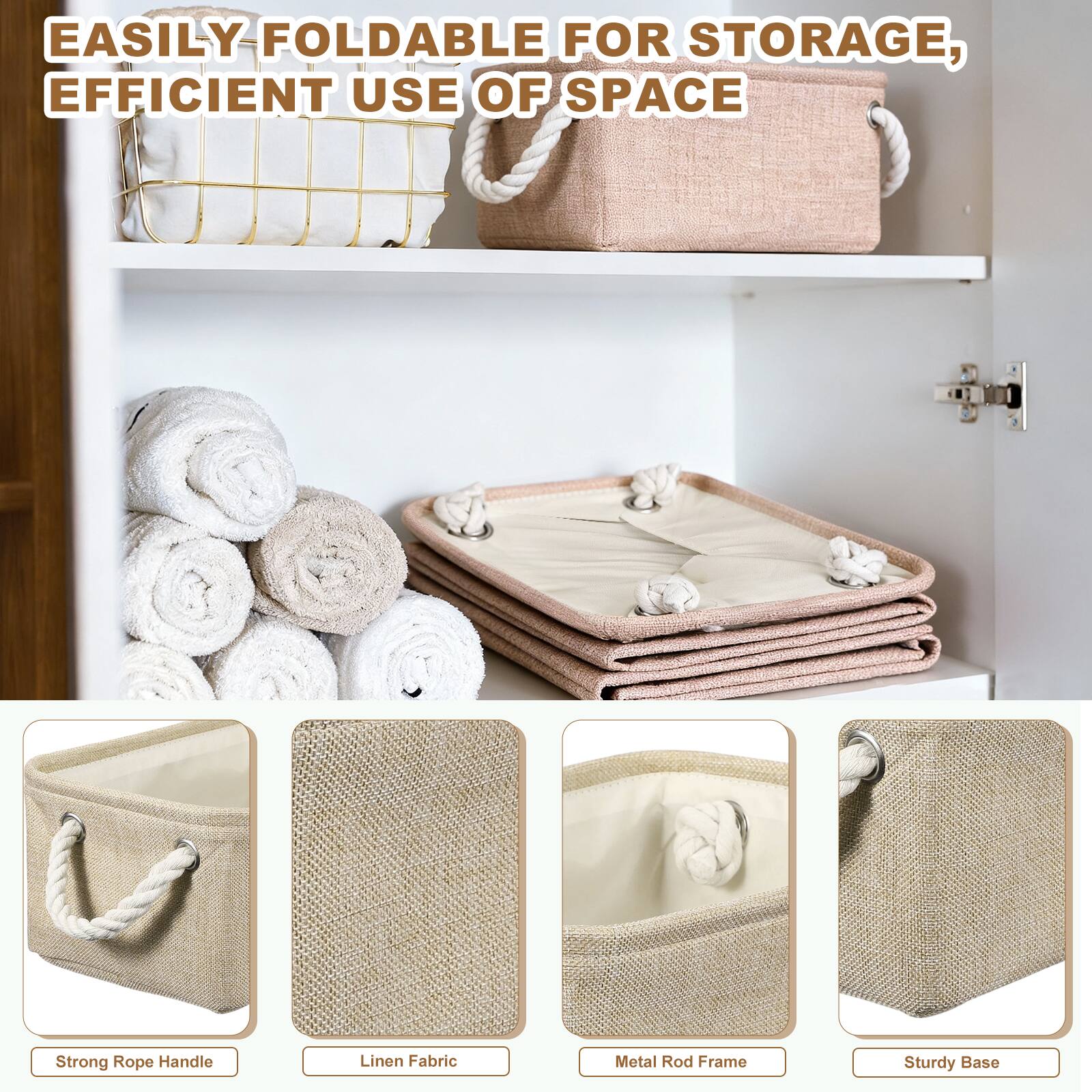 EASILY FOLDABLE FOR STORAGE, EFFICIENT USE OF SPACE

Strong Rope Handle
Linen Fabric
Metal Rod Frame
Sturdy Base
