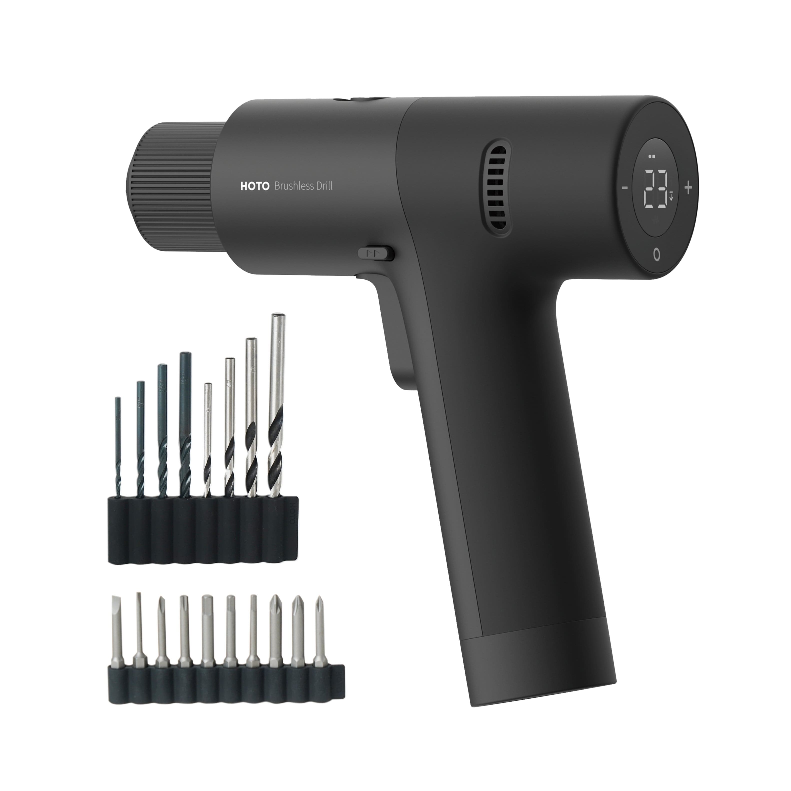 HOTO - 12V Brushless Drill, Digital Display, 30 Precision Gears, Variable Speed. 18 Screw & Drill Bits - Black - Front_Zoom