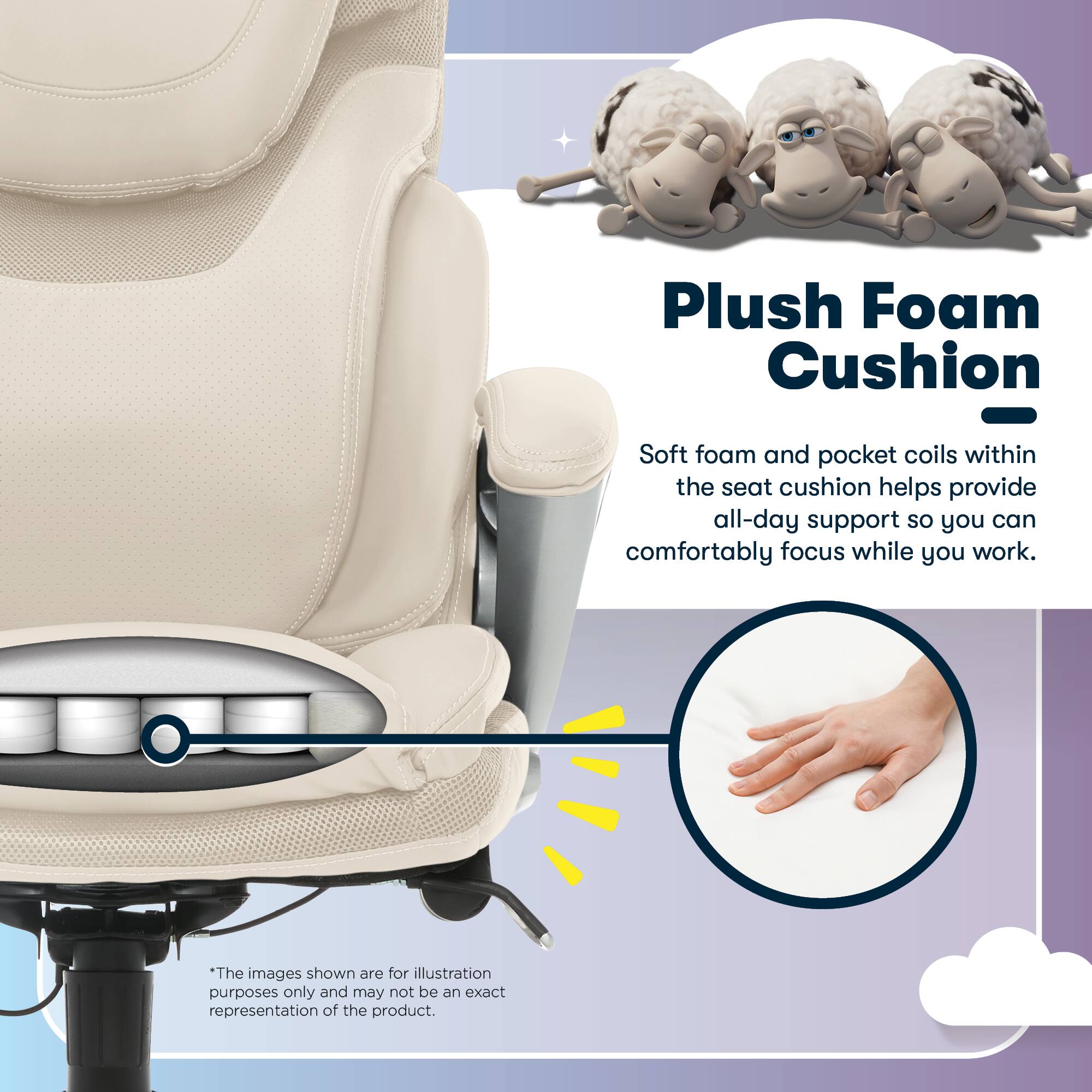 Plush Foam Cushion - Soft foam and pocket coils within the seat cushion help provide all-day support so you can comfortably focus while you work. The images shown are for illustration purposes only and may not be an exact representation of the product.