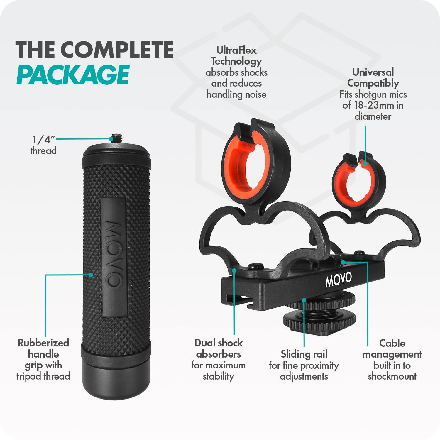 **THE COMPLETE PACKAGE**

- **UltraFlex Technology**: Absorbs shocks and reduces handling noise.
- **Universal Compatibility**: Fits shotgun mics of 18-23mm in diameter.
- **1/4" Thread**: Compatible with various mounts.
- **Rubberized Handle Grip with Tripod Thread**: Provides a secure grip and tripod compatibility.
- **Dual Shock Absorbers**: For maximum stability.
- **Sliding Rail**: For fine proximity adjustments.
- **Cable Management**: Built into the shockmount.