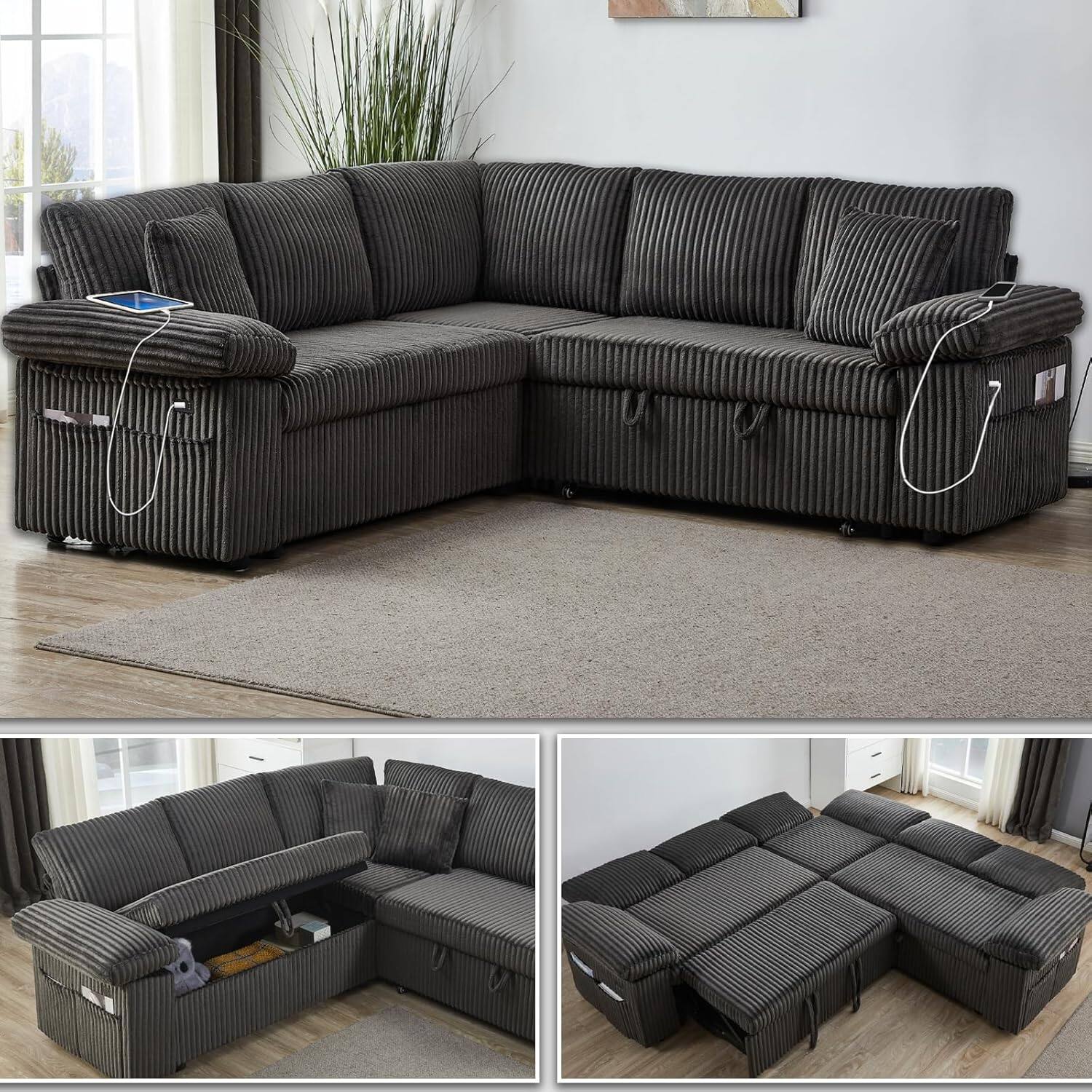 Tiramisubest - 81" Modular Sectional Sofa,L Shaped 5-Seater Sleeper Sofa with Pull Out Bed,Hidden Storage & USB Charging Ports - Dark Gray