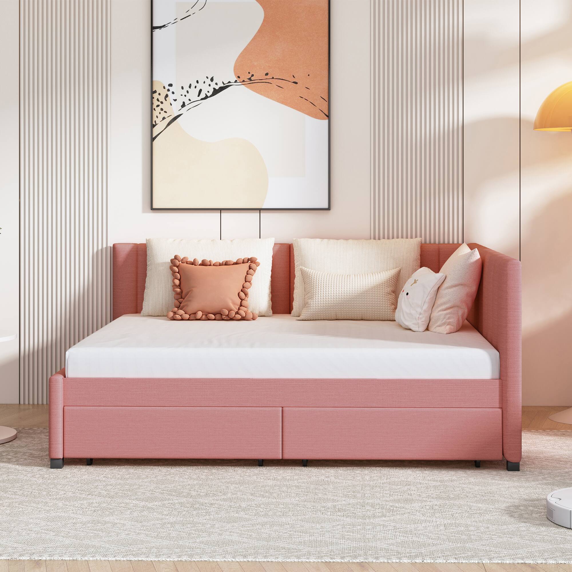 Angle. Tiramisubest - Full Size Upholstered Daybed with 2 Storage Drawers Sofa Bed Frame No Box Spring Needed, Linen Fabric (Pink) - Pink.