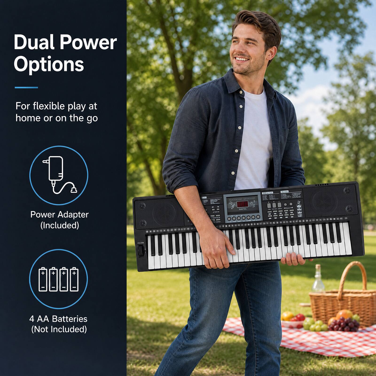 Dual Power Options  
For flexible play at home or on the go  
Power Adapter (Included)  
4 AA Batteries (Not Included)