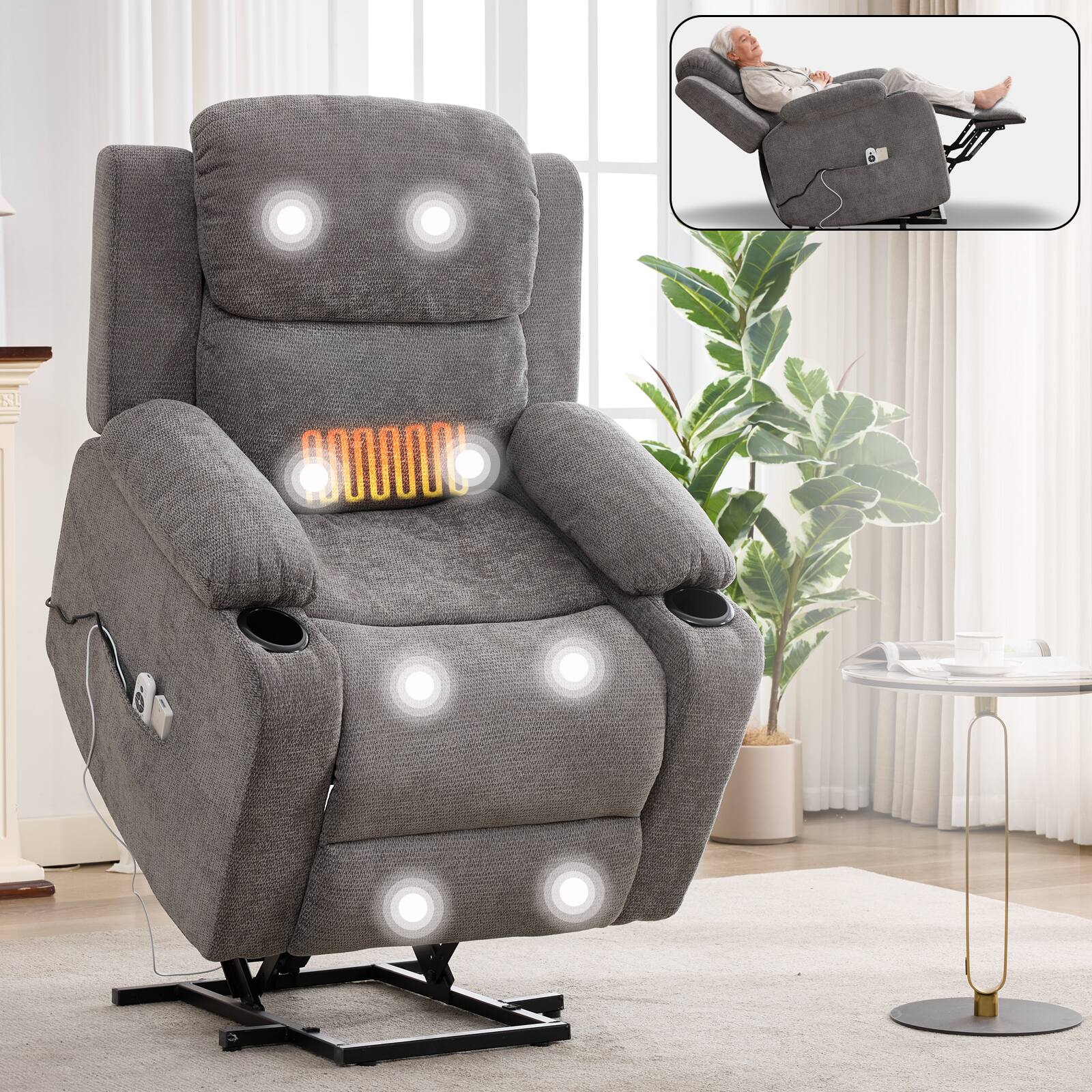Front. CheryLife - Grey Lift Recliner Chair with 8-Point Vibration Massage and Lumbar Heating Up to 350 LBS - Gray.