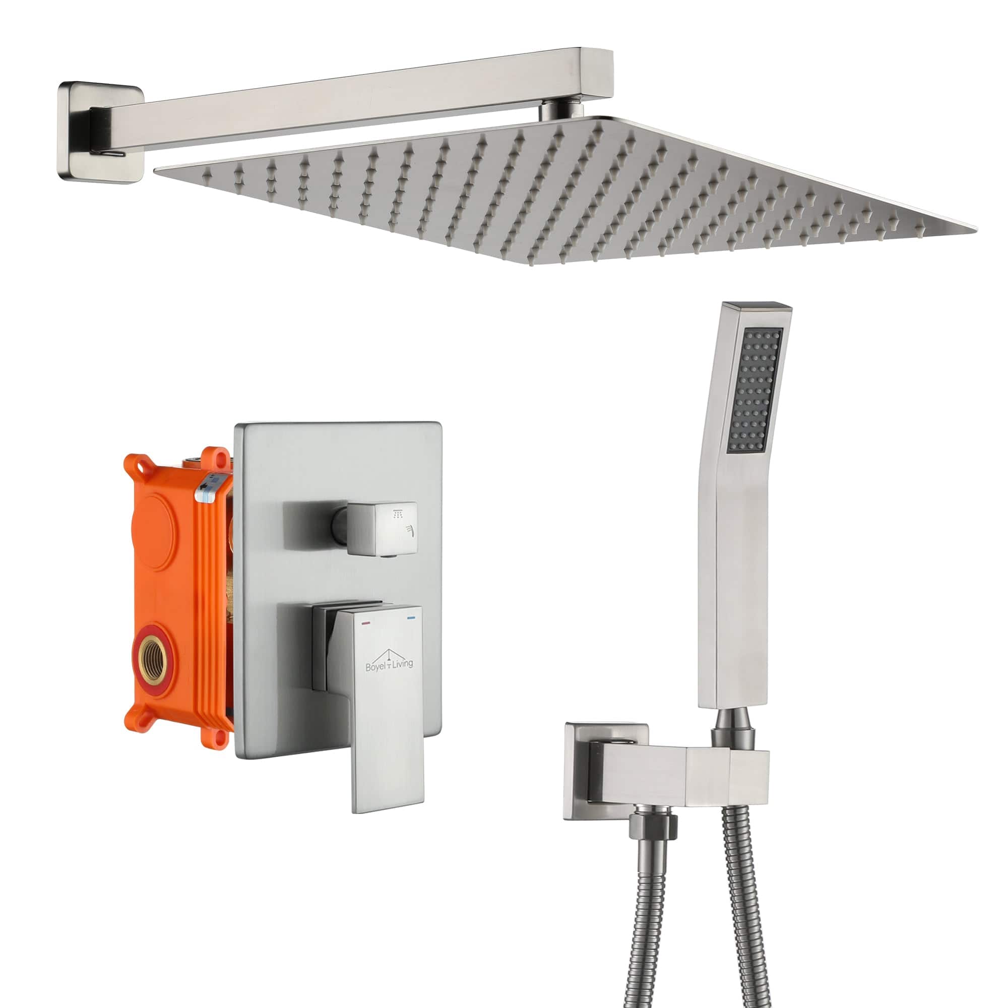 Front. Boyel Living - 1-Spray Patterns with 2.5 GPM 12 in. Wall Mount Dual Shower Heads with Pressure Balance Valve in Brushed Nickel - Brushed Nickel.