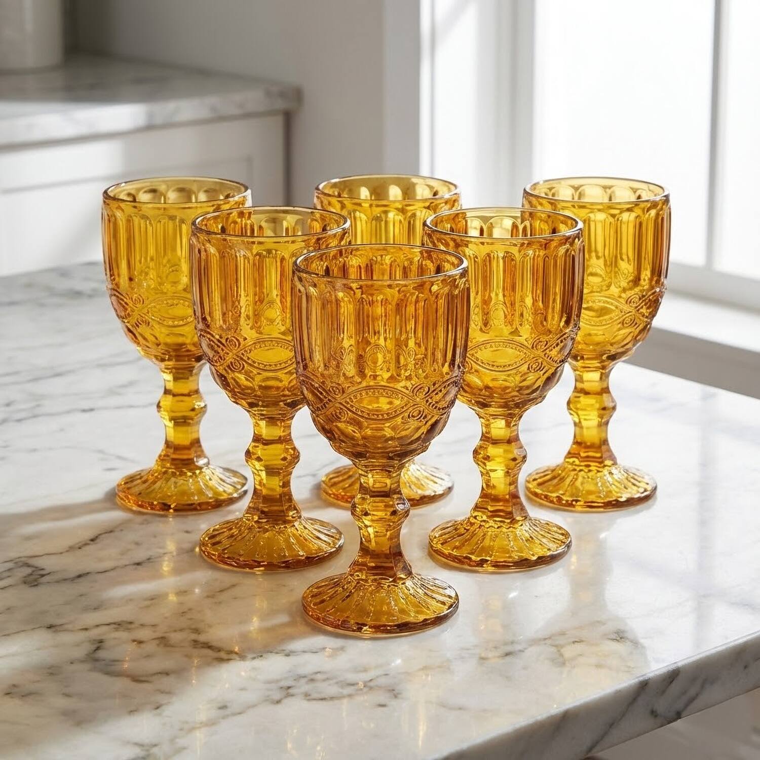 Left. Jay Import - Set of 6 Amber Embossed Wine Glasses (8.4 oz / 250 mL) - Amber.