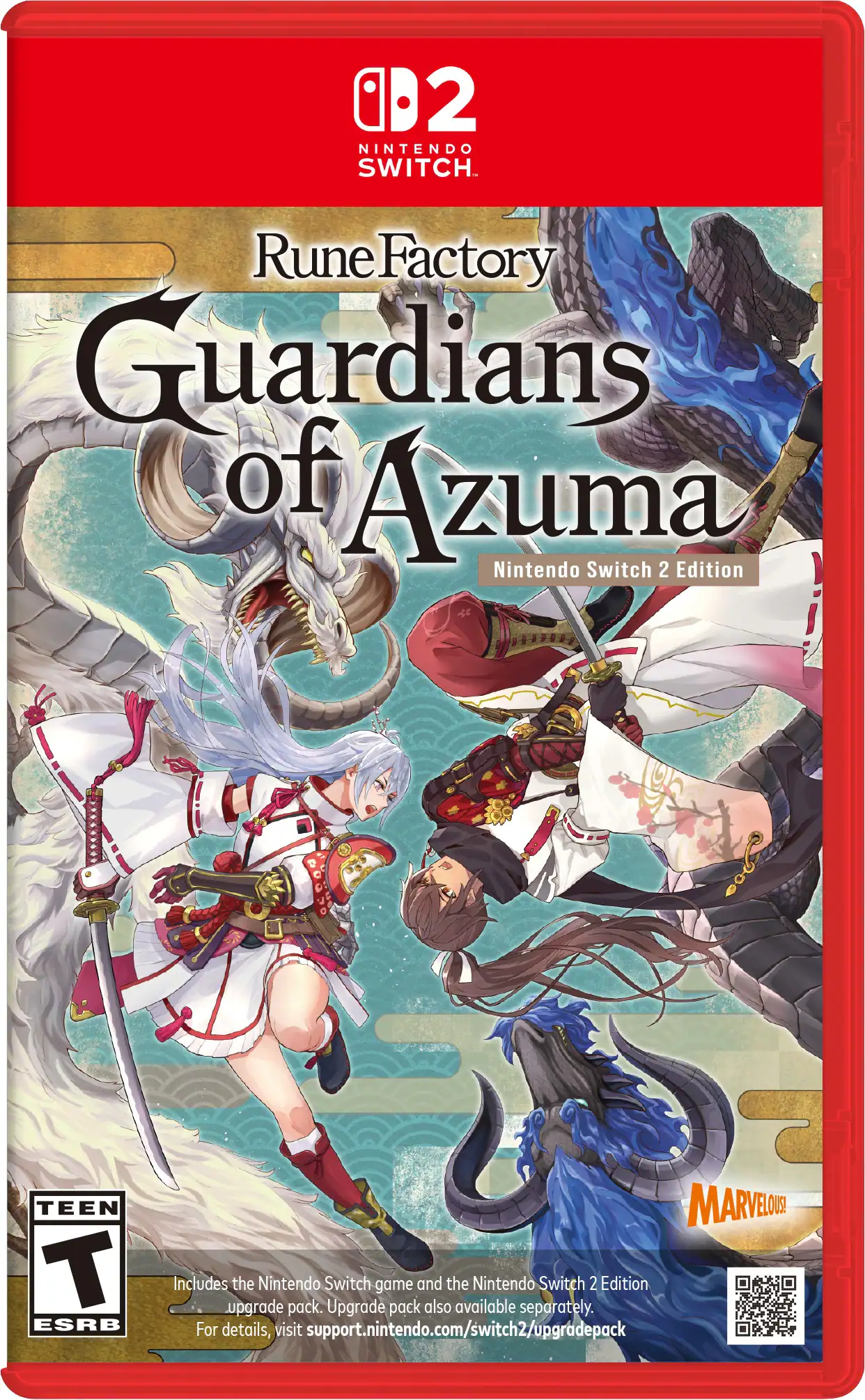 The image features a video game called Rune Factory: Guardians of Azuma for the Nintendo Switch. The game is designed for teen players and has an ESRB rating of TEEN. The game is available in a 2-in-1 edition that includes the Nintendo Switch game and the Nintendo Switch 2 Edition upgrade pack. The upgrade pack can also be purchased separately. For more information, visit support.nintendo.com/switch2/upgradepack. - T (Teen 13+)