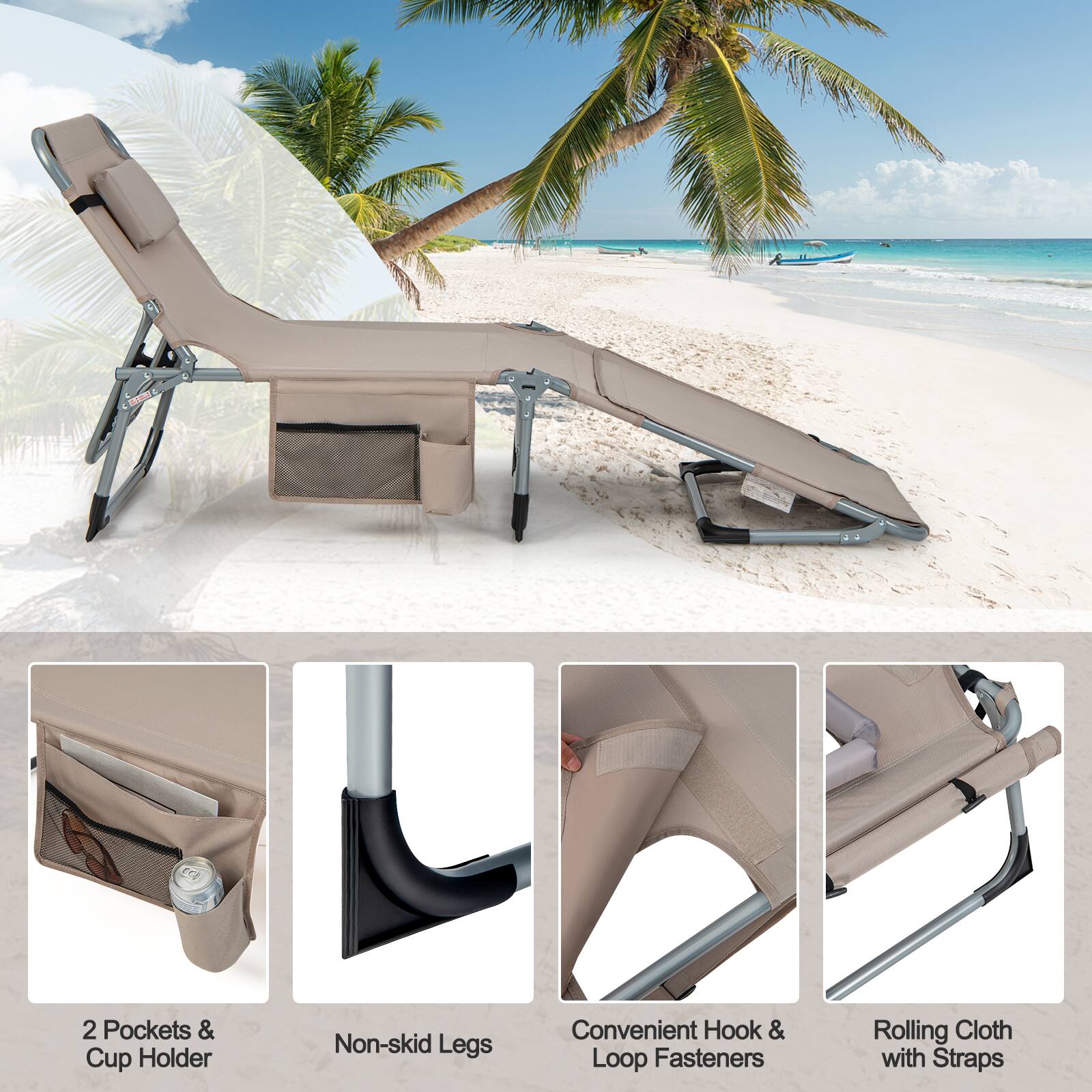 3 2 Pockets & Cup Holder  
Non-skid Legs  
Convenient Hook & Loop Fasteners  
Rolling Cloth with Straps