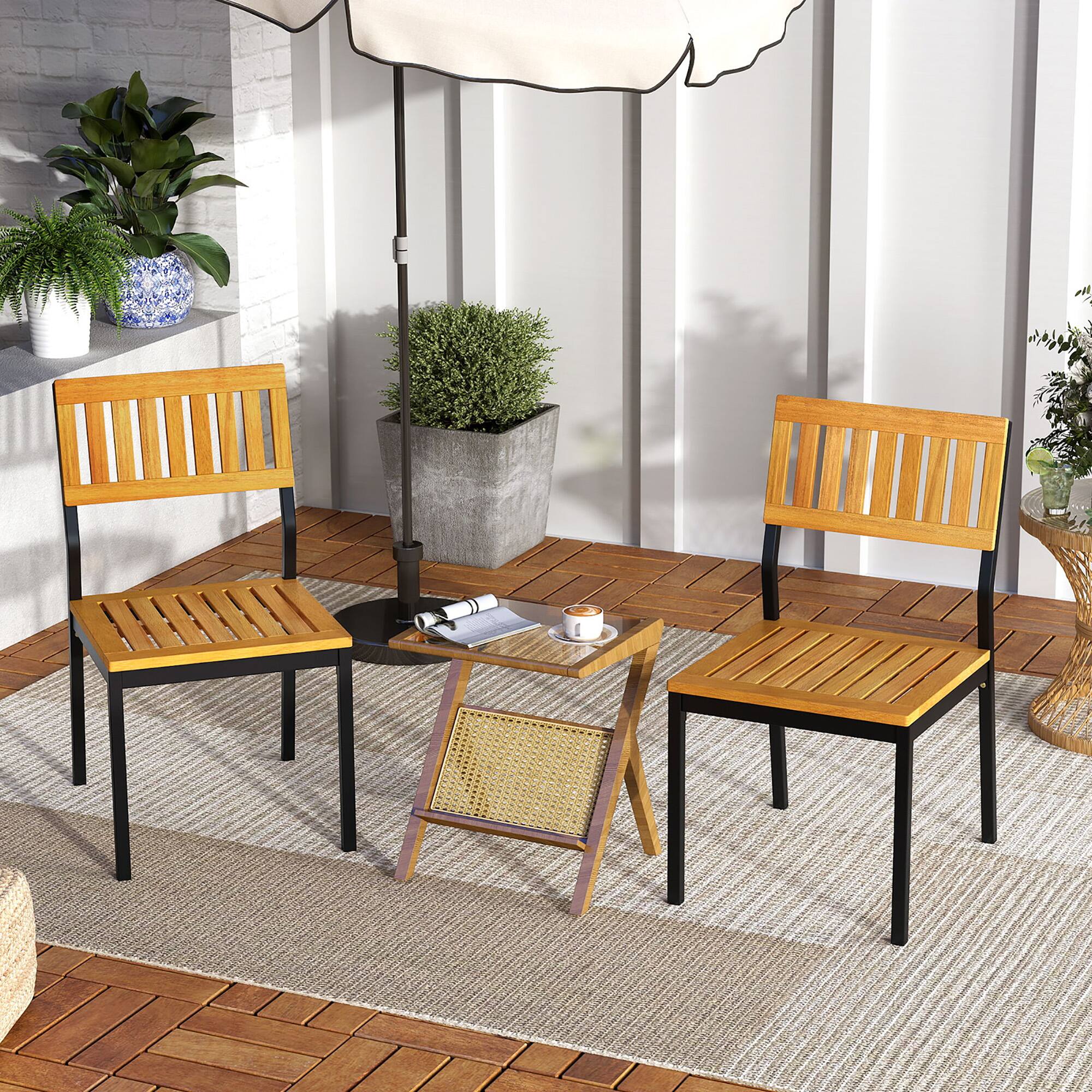 Alt View 4. Gymax - Gymax Dining Chair Set of 4 Modern Patio Chairs/Acacia Wood Backrest Slanted Seat - Natural, Black.