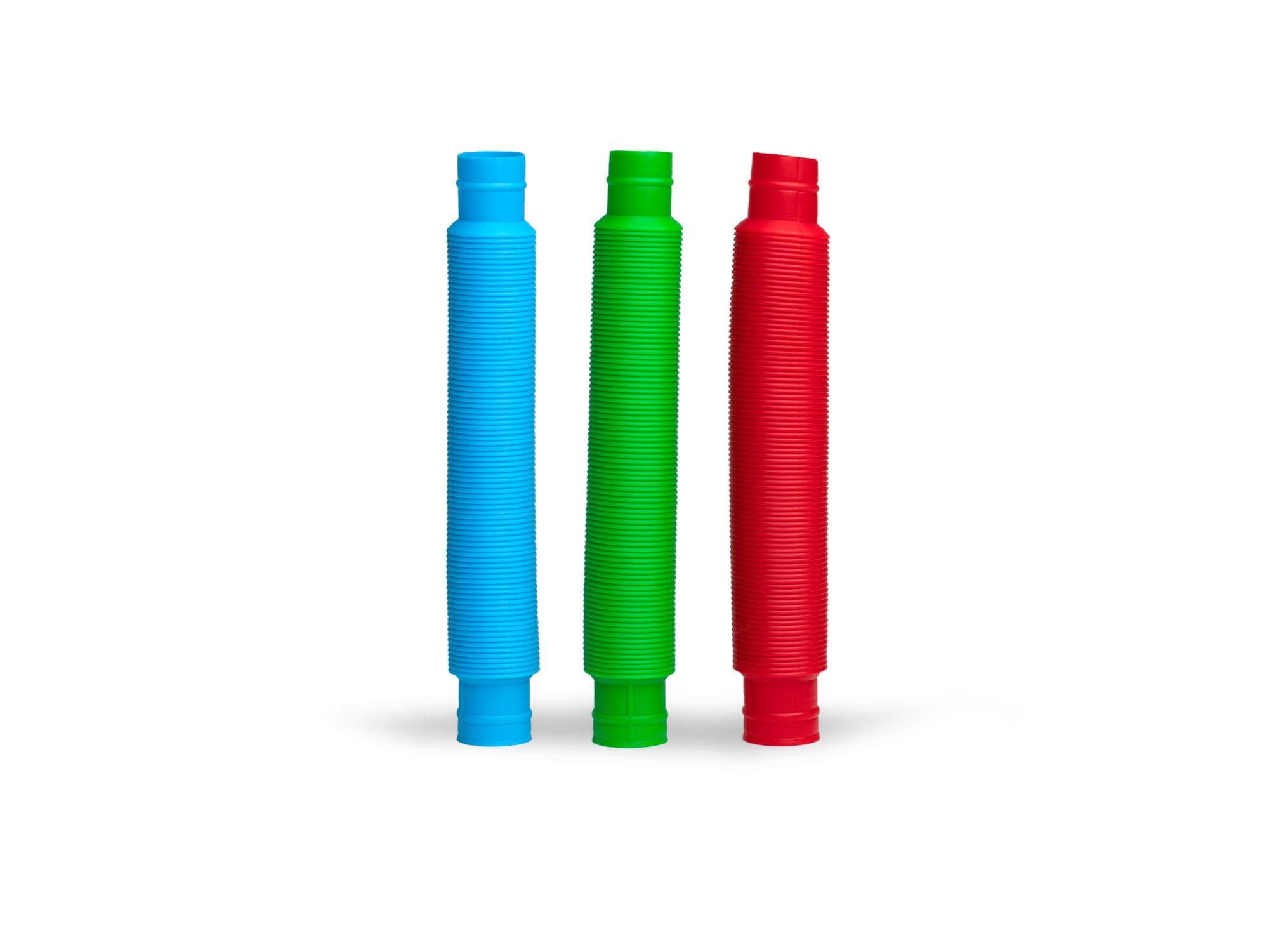 Front. Toynk - Plastic Sensory Pop Tube Fidget Toys | Set of 3 | Blue, Red, Green - Green.