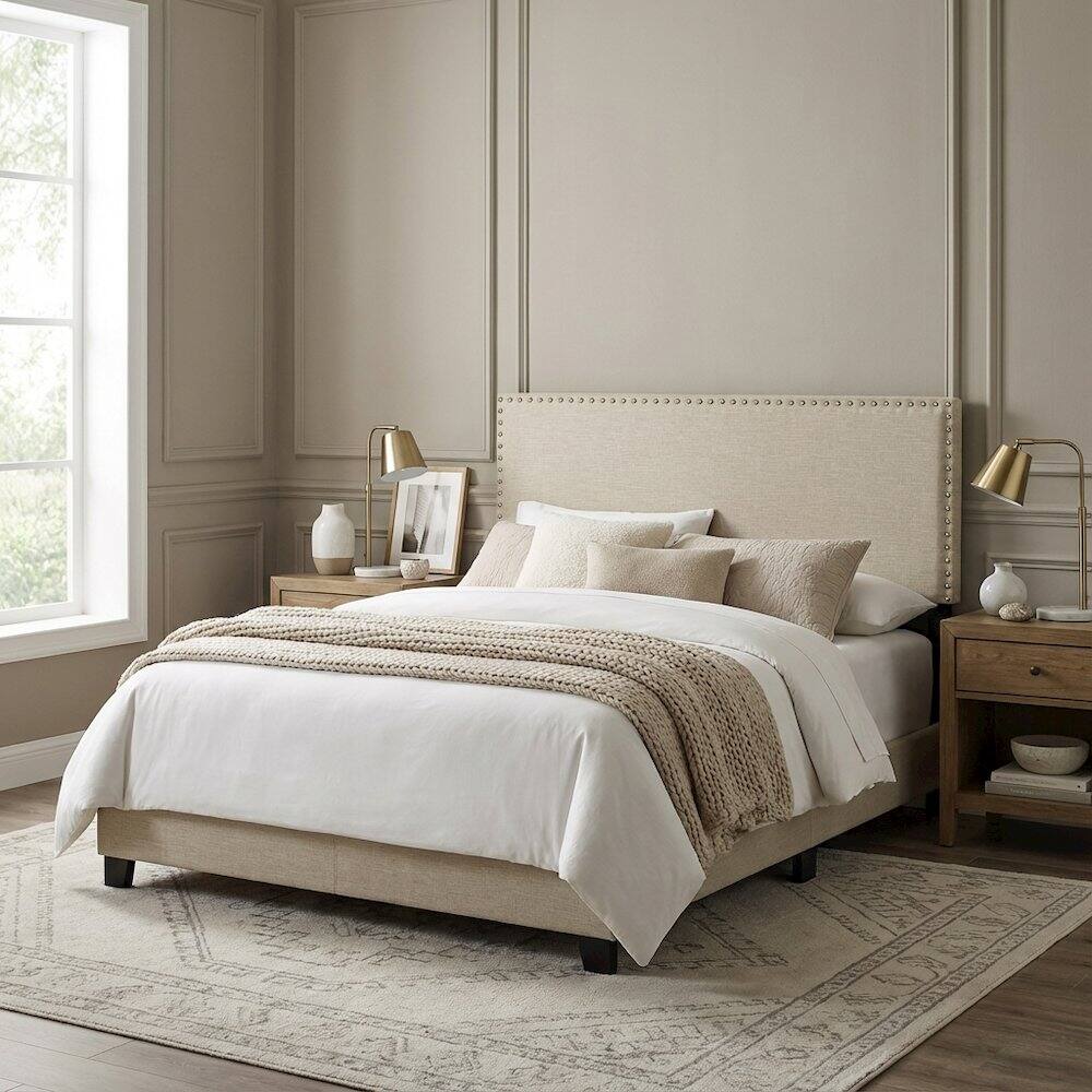 Left. FurniFact - Upholstered Queen Headboard with Fabric Finish and Sturdy Construction - Beige.