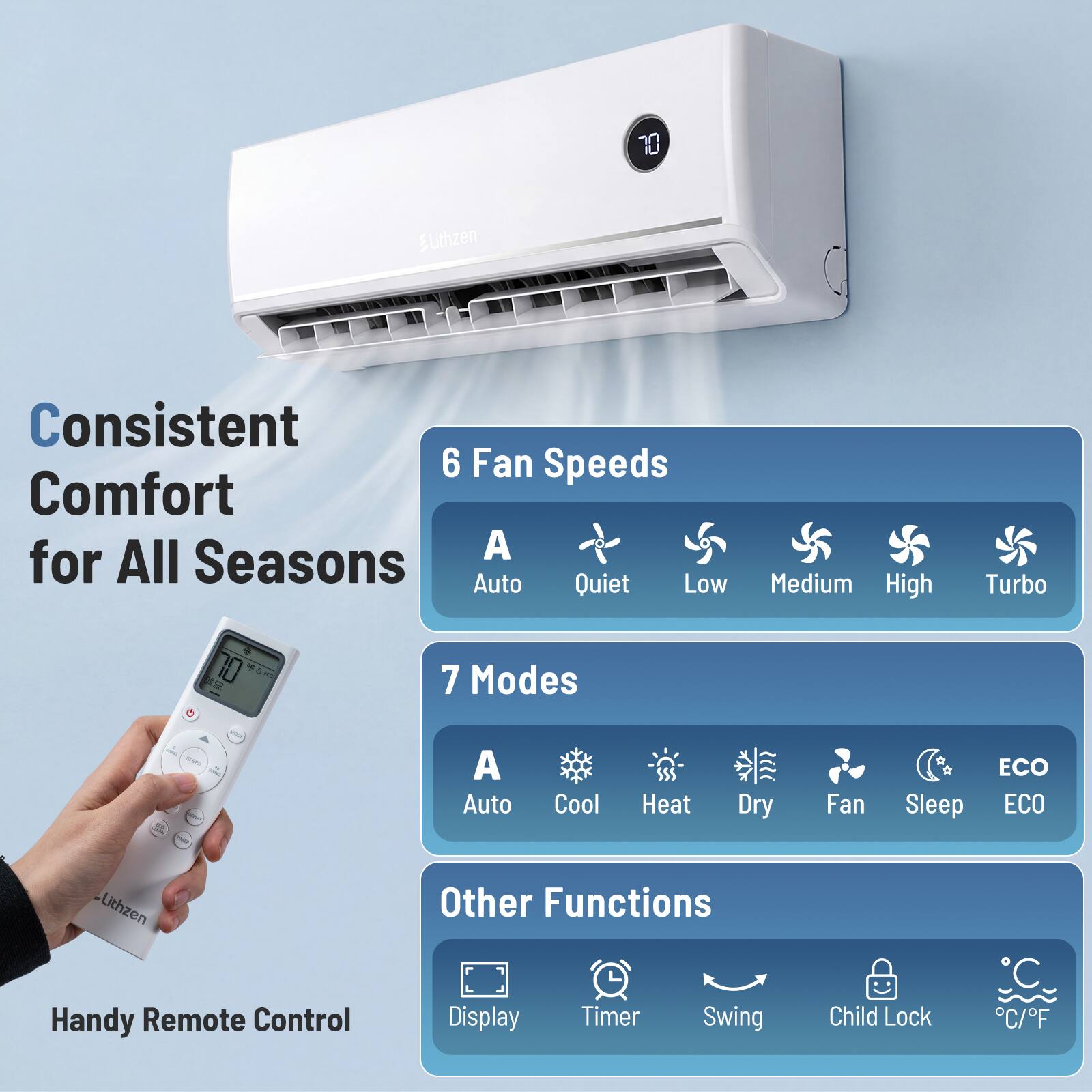 10 Lithzen Consistent Comfort for All Seasons

6 Fan Speeds: Auto, Quiet, Low, Medium, High, Turbo

7 Modes: Auto, Cool, Heat, Dry, Fan, Sleep, ECO

Other Functions: Handy Remote Control, Display, Timer, Swing, Child Lock, C/F