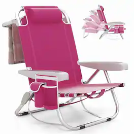Kadyn - Folding Chairs, Patio Outside Chairs, Lawn Chairs,1 Piece Foldable Backpack Beach Chair with Cup Holder-Black - Pink
