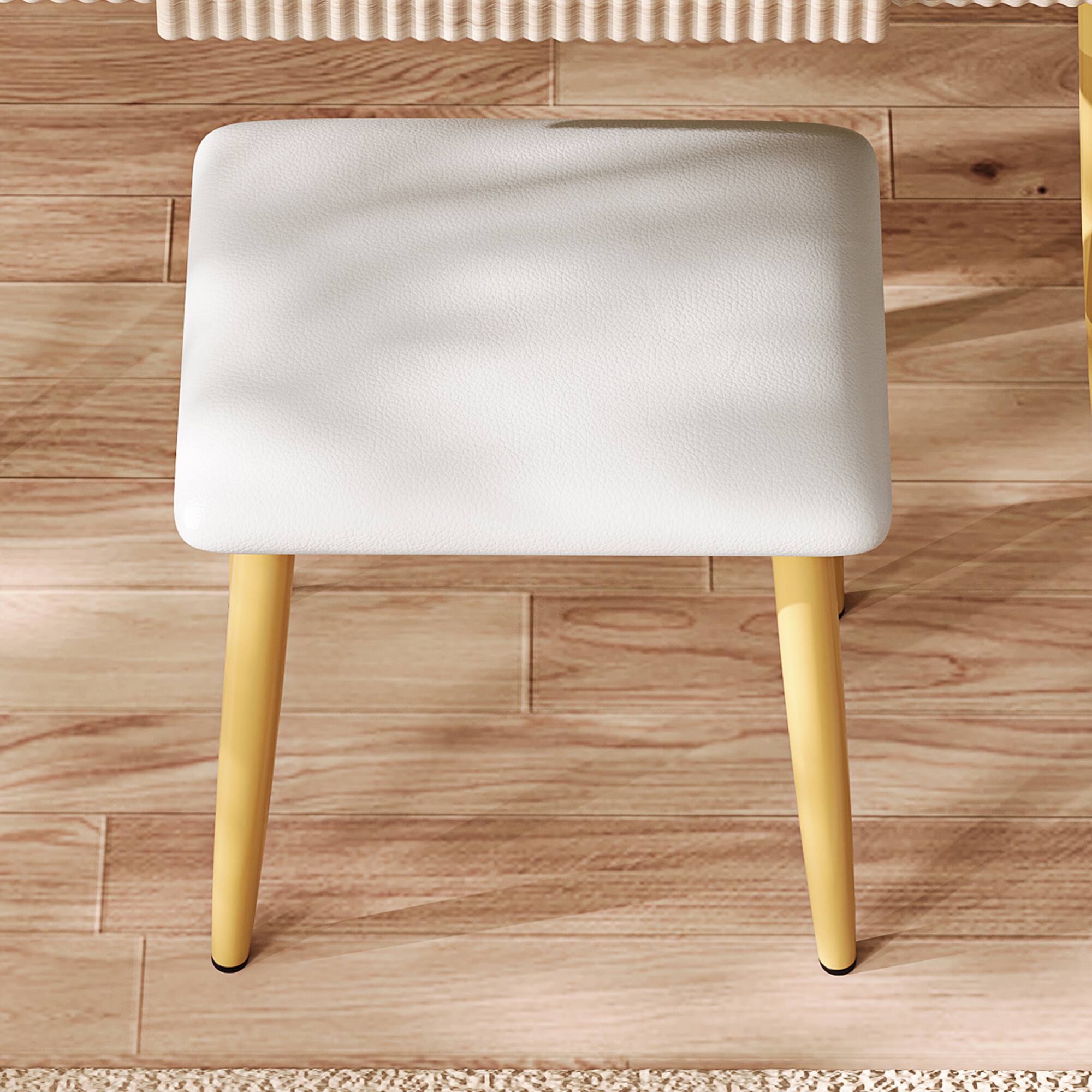 Back. GOODSILO - Elegant Fluted Vanity Desk with LED Mirror and Jewelry Storage, Modern Dressing Table with Comfortable Stool - Yellow Brown.